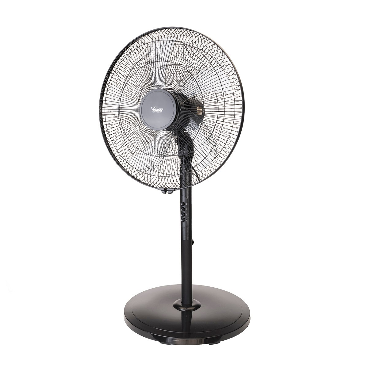 Een zwarte staande ventilator op een witte achtergrond. Het heeft een cirkelvormige basis en een zwarte kooi.