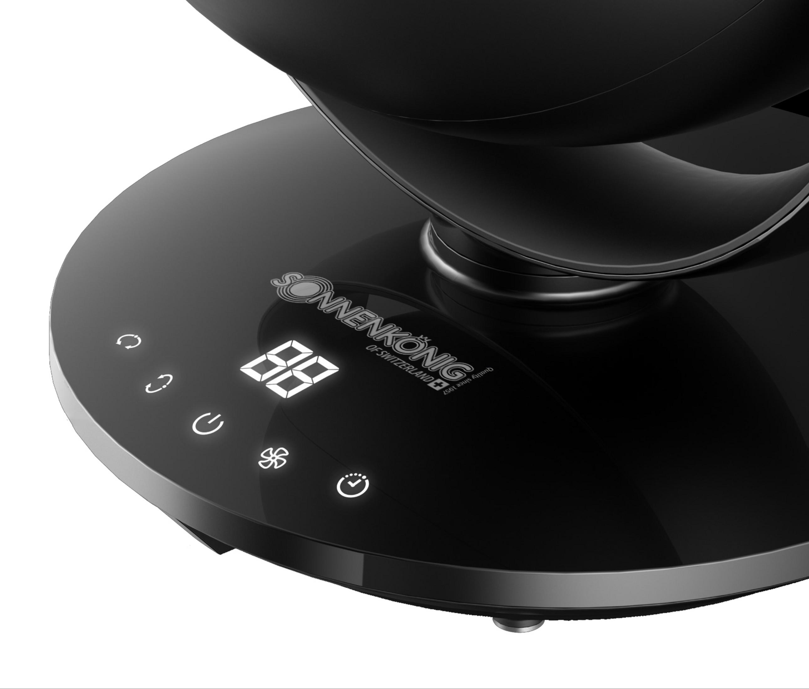 Gros plan d'une base de ventilateur noire avec affichage numérique et boutons. La marque 'Sonnenkönig' est visible.
