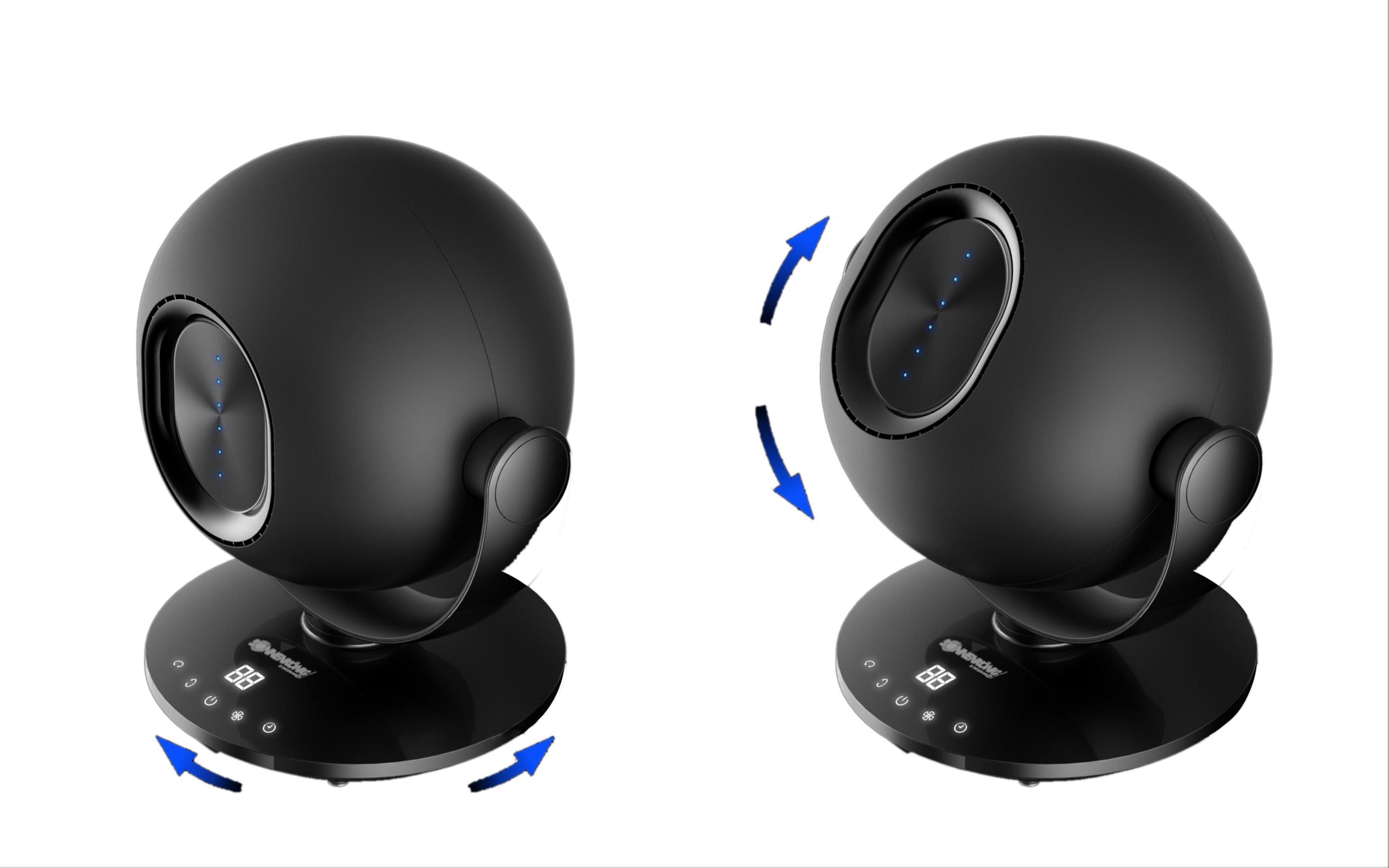 Deux ventilateurs noirs en forme d'orbite avec des flèches indiquant leur amplitude de mouvement. Ils reposent sur une base et ont des affichages numériques.
