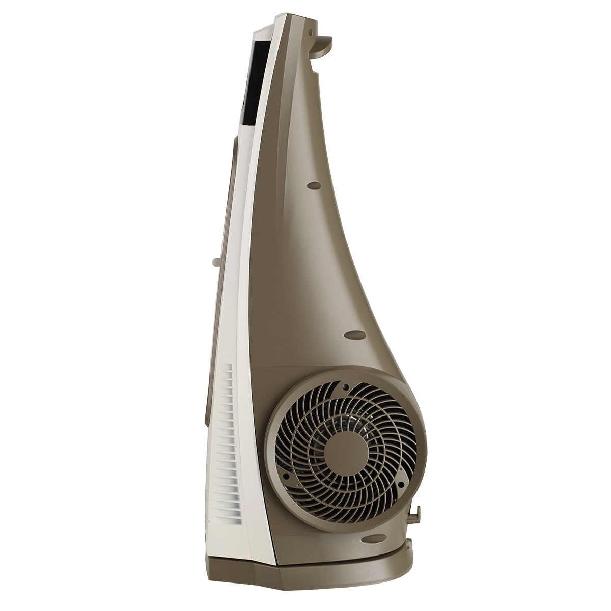 Vista laterale di un ventilatore grigio e bianco. Ha una ventola circolare e una presa d'aria laterale.