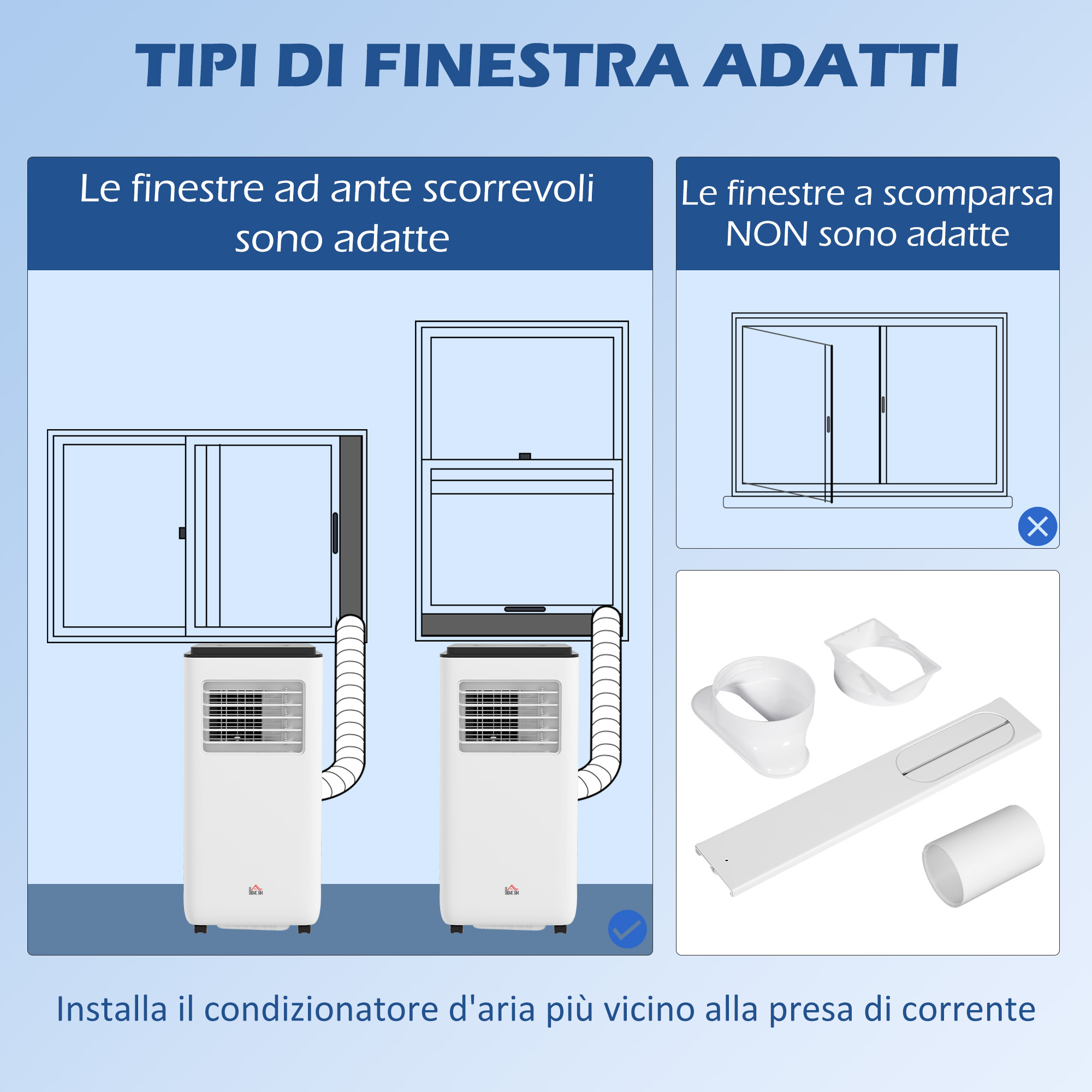 Un testo italiano che mostra due tipi di finestre per condizionatori d'aria: le finestre scorrevoli sono adatte, le finestre a scomparsa no.