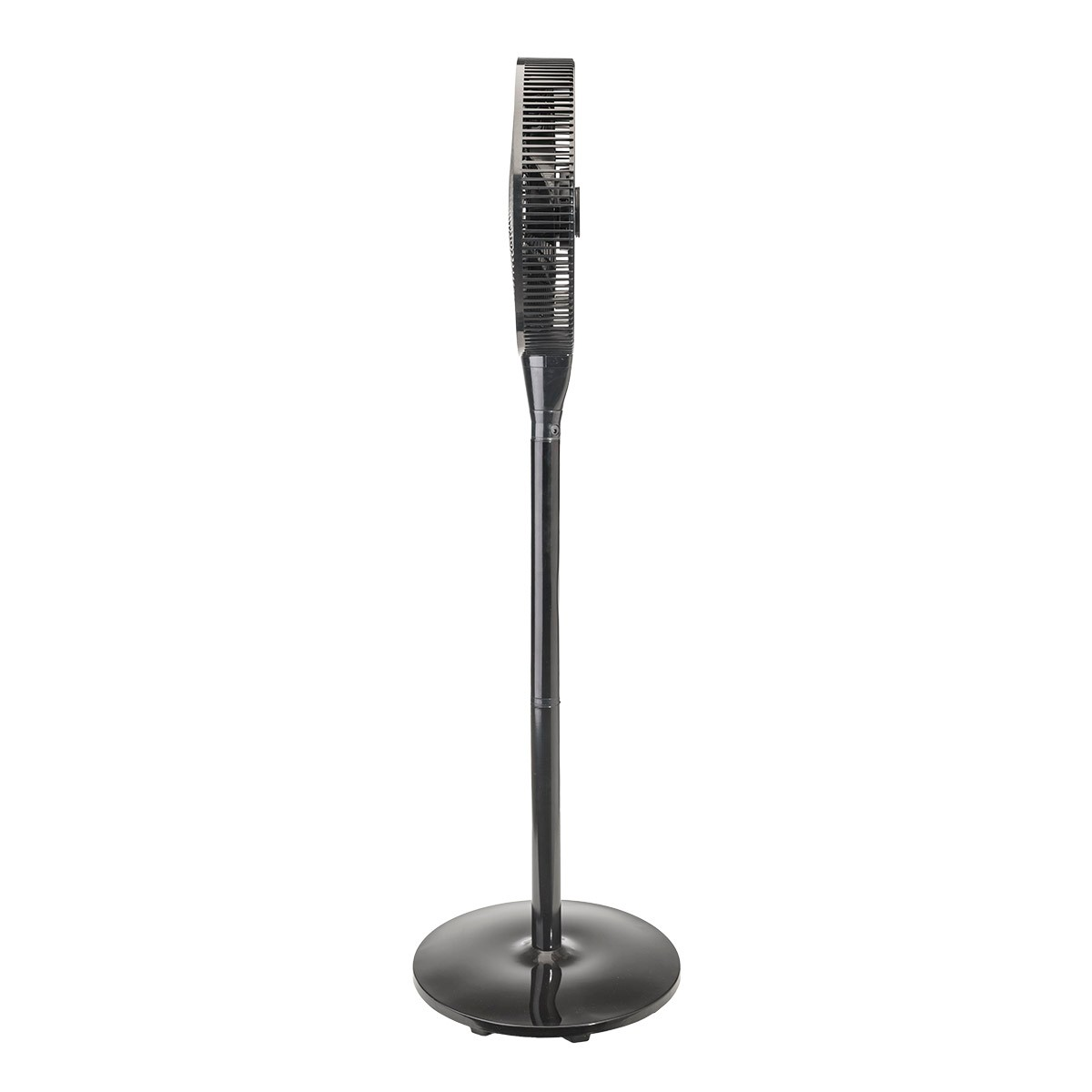 A tall, dark gray standing fan with a circular base. It has a vertical design.