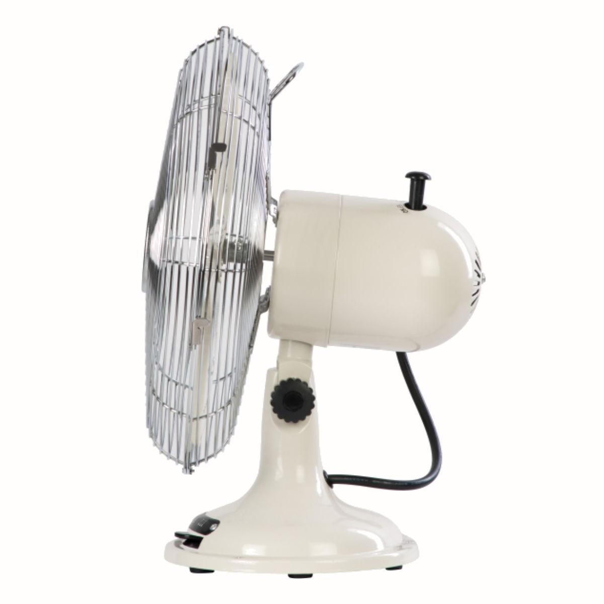 Side view of a cream-colored fan with chrome cage. The fan is on a white background.