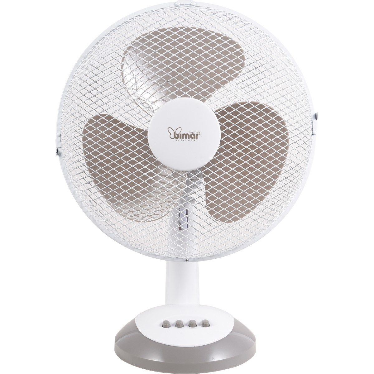 Witte en grijze ventilator met drie bladen. Witte beschermende grill.