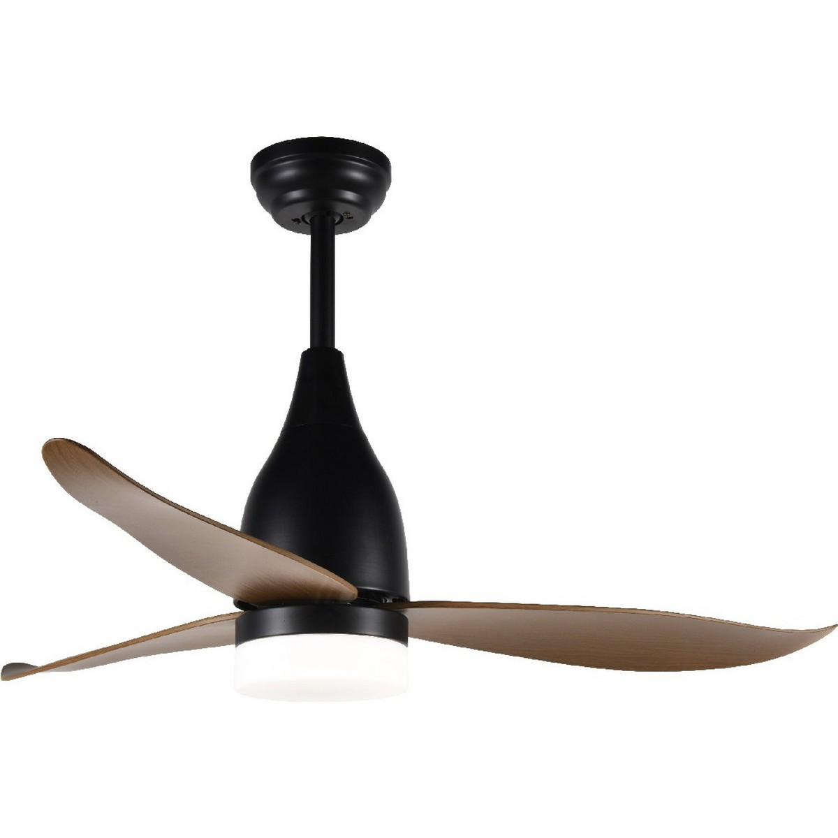 Un ventilatore da soffitto nero con pale in legno. Il ventilatore è appeso al soffitto e ha tre pale.