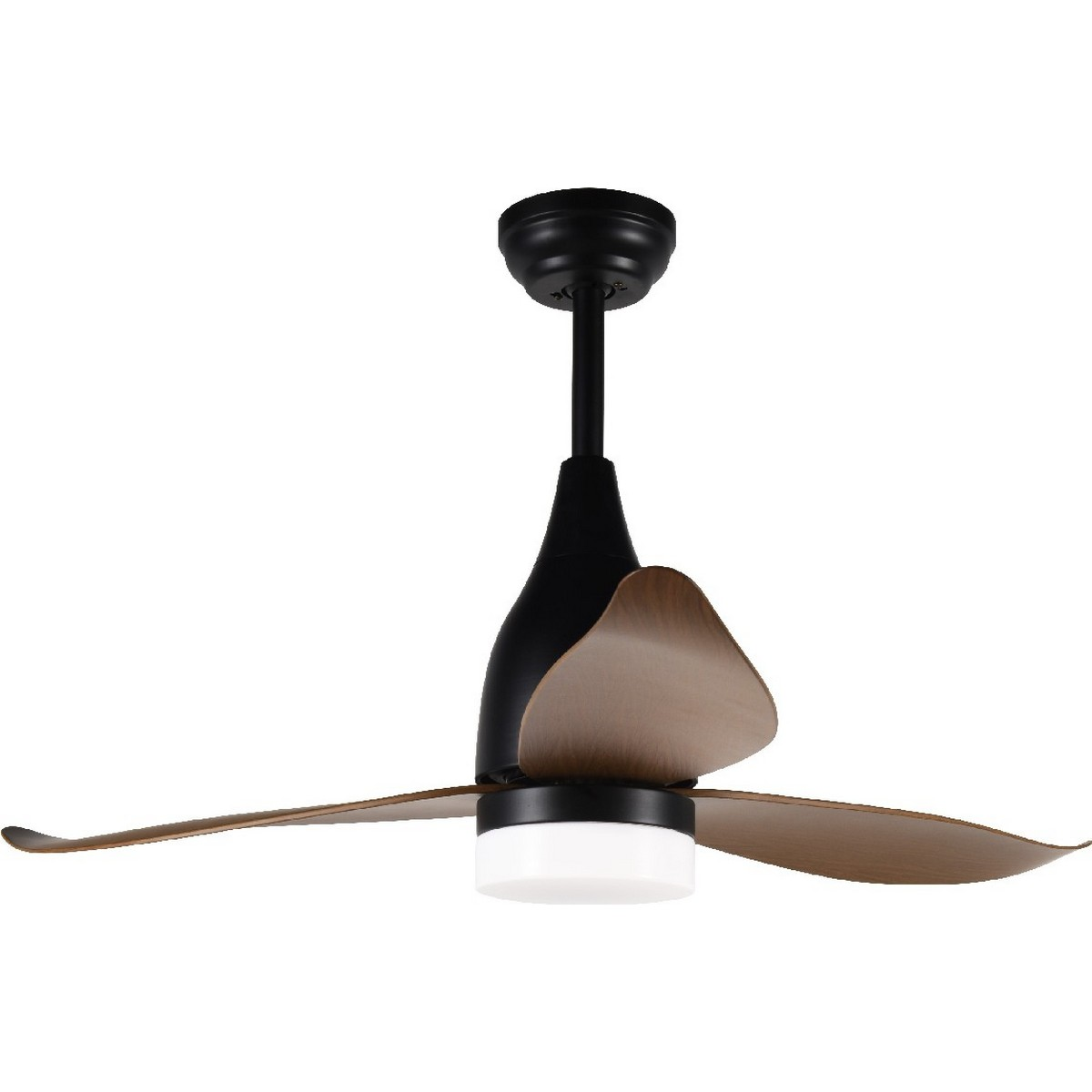 Ventilatore a soffitto con motore nero, pale in legno e una luce. Sfondo bianco.