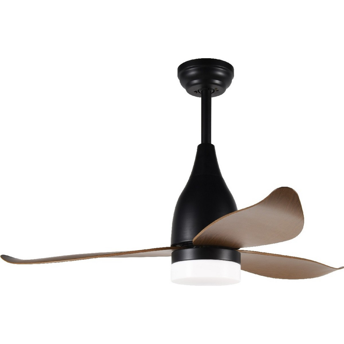 Un ventilatore da soffitto nero con pale in legno e luce. È appeso al soffitto, tre pale visibili.