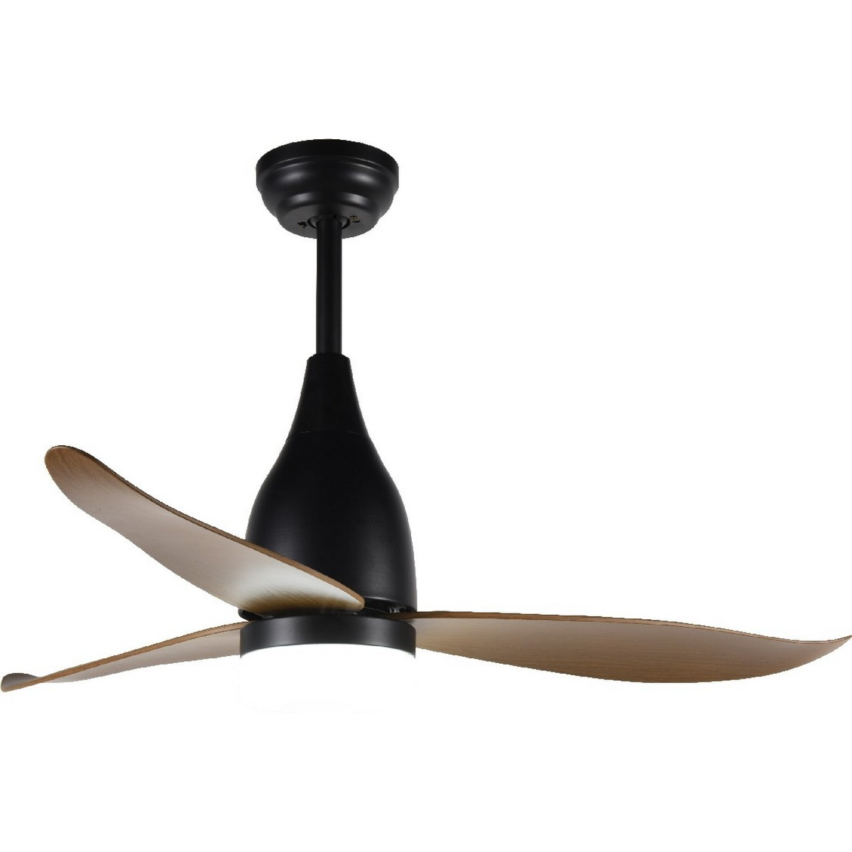 Ventilatore a soffitto nero con tre pale in legno. Ha una luce in basso.