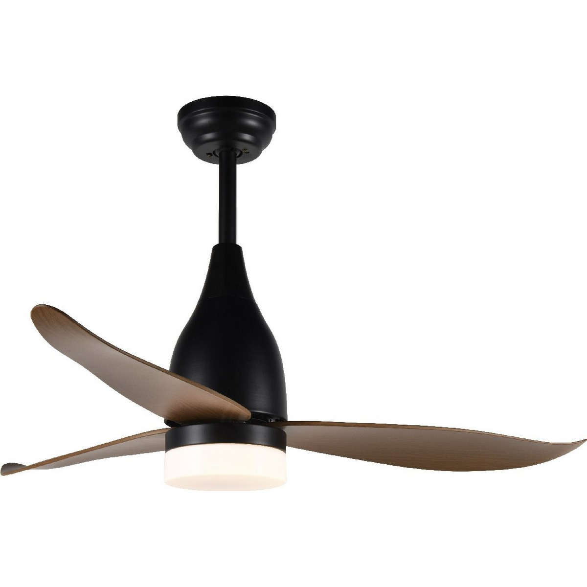 Un ventilatore da soffitto nero con pale in legno e luce. È appeso al soffitto, tre pale visibili.