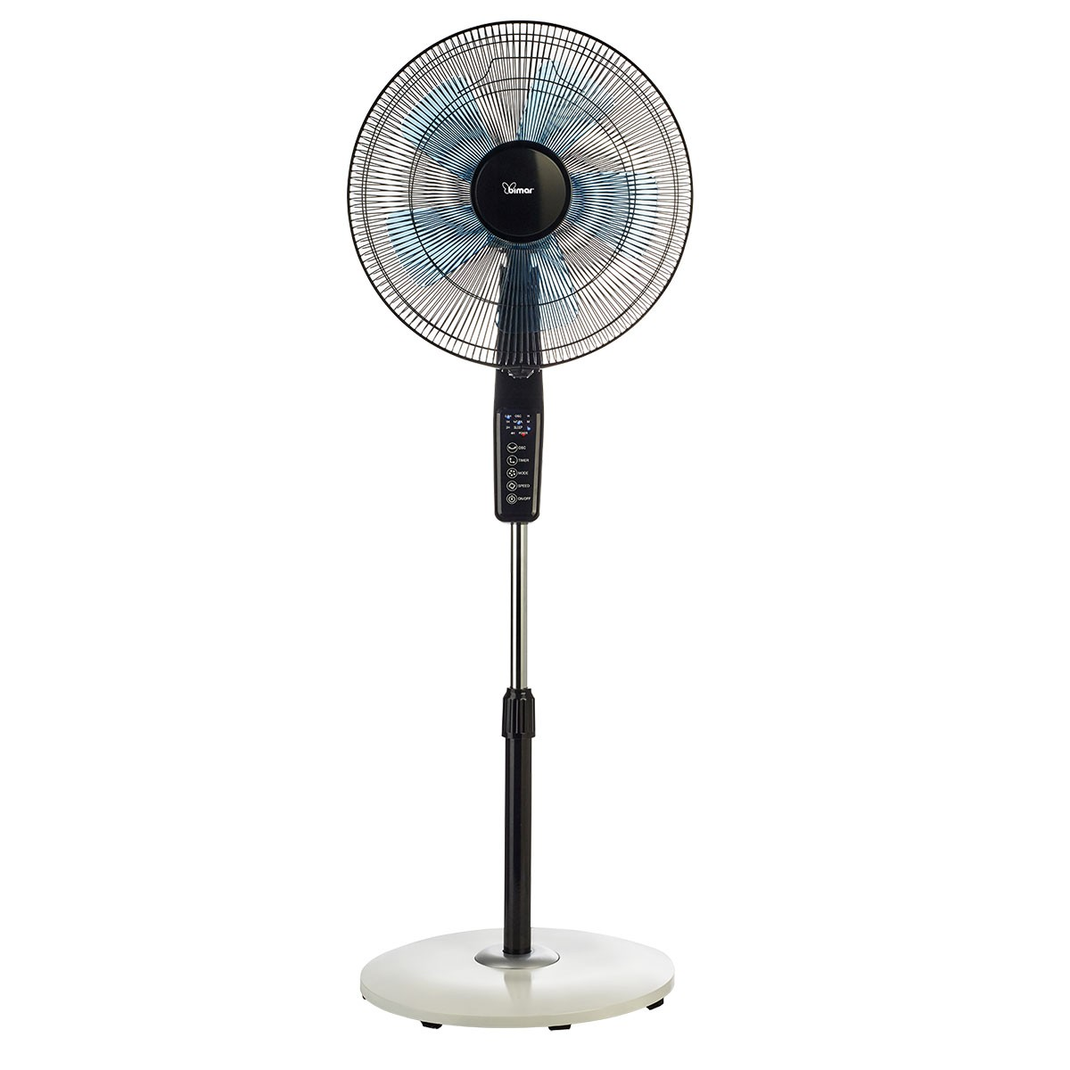 Ventilatore a piantana alto con dettagli neri e argento e pale blu.