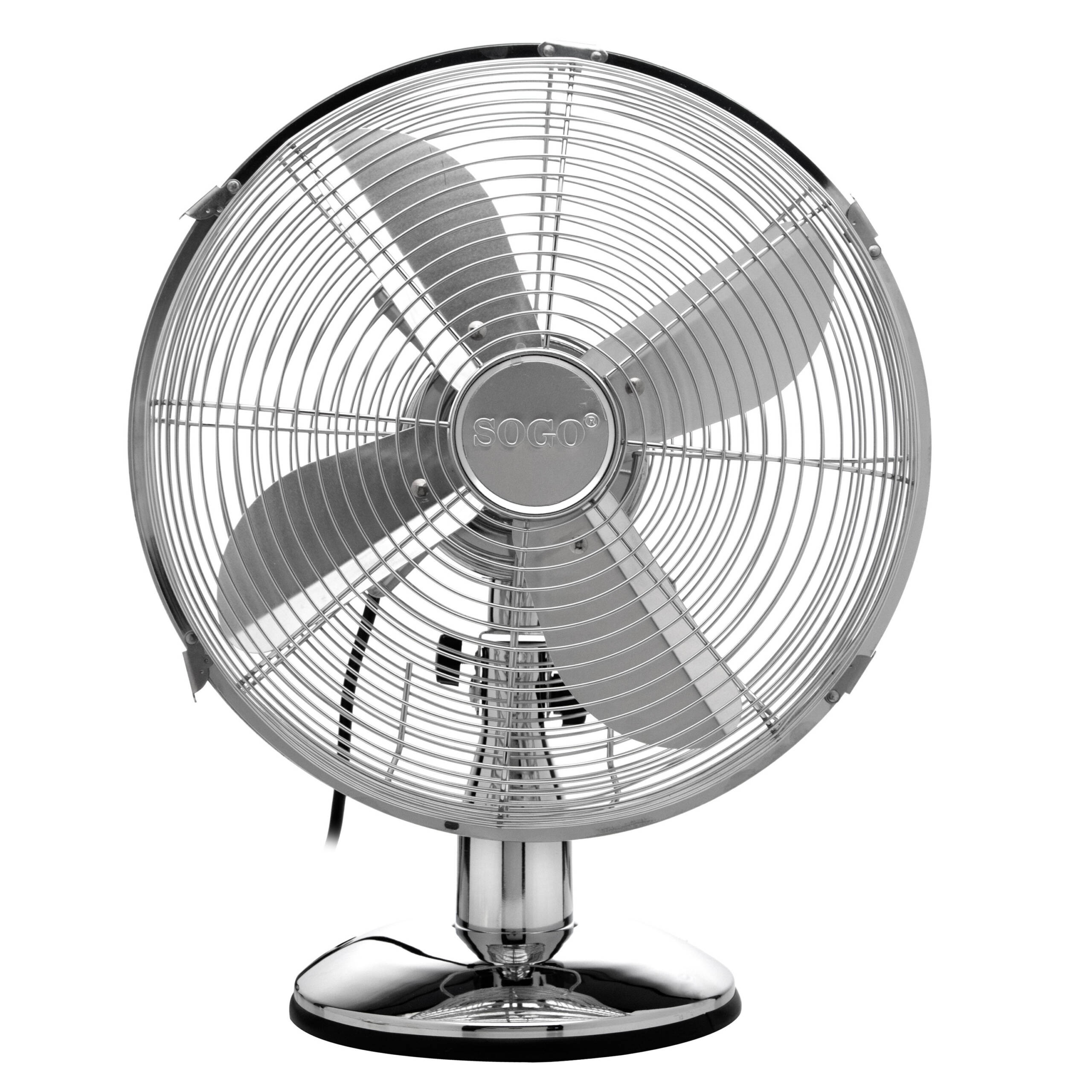 Un ventilador de escritorio cromado con tres aspas. El ventilador está sobre un fondo blanco.