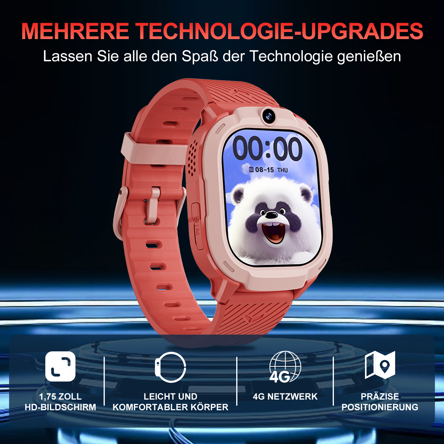 Smartwatch rosa con pantalla de panda. Los iconos sugieren funciones: 4G, pantalla HD y posicionamiento.