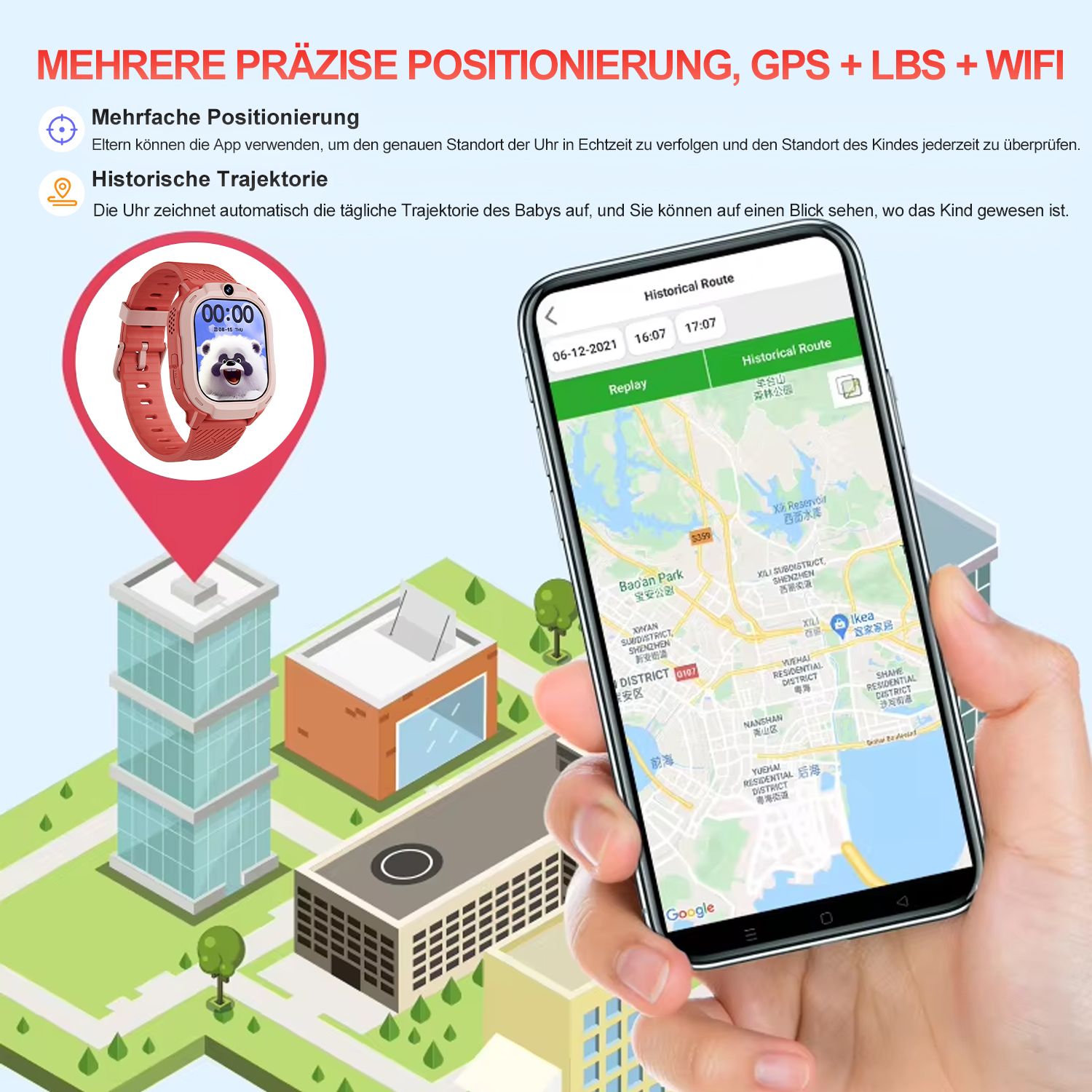 Smartwatch mostrando seguimiento de ubicación en mapa. Edificios y mano sosteniendo el teléfono.
