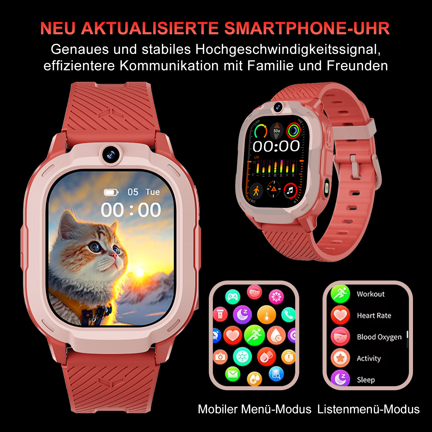 Reloj inteligente con imagen de gato en la pantalla, con correa roja. Iconos de entrenamiento, frecuencia cardíaca, oxígeno en sangre, actividad y sueño.