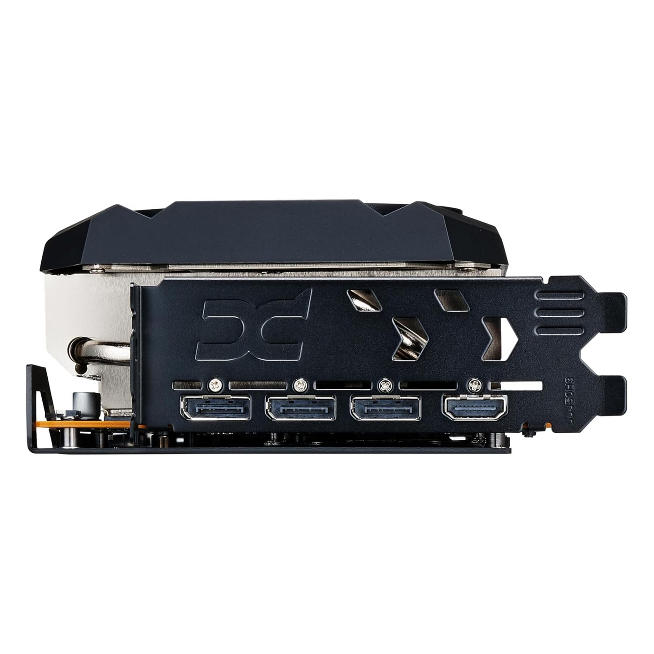 Widok z boku karty graficznej, pokazujący porty i metaliczny design. Porty są widoczne.