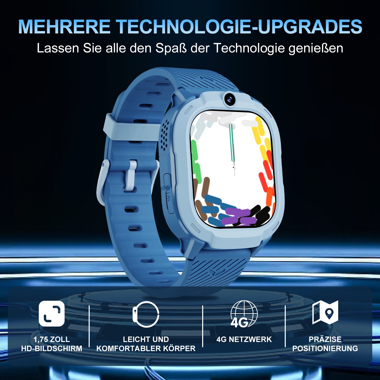 Smartwatch azul con pantalla colorida. Características: 4G, pantalla HD, cuerpo cómodo y posicionamiento.