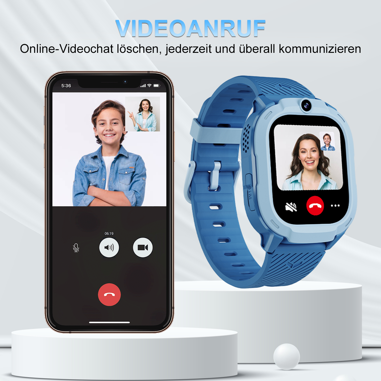 Una persona está en videollamada con un niño en un smartphone, cerca de un smartwatch azul.