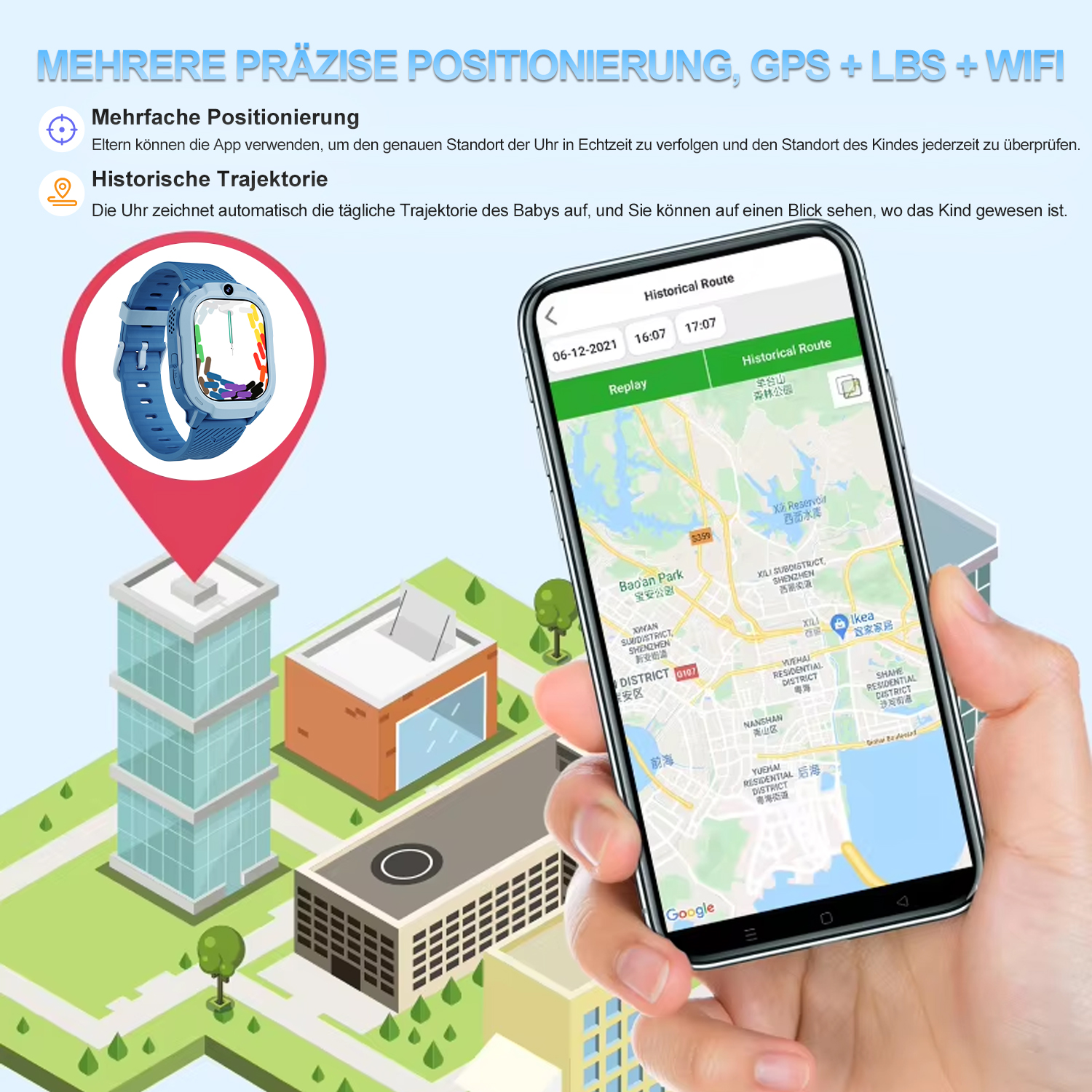 Un reloj inteligente con una aplicación de mapa que muestra una ruta en la pantalla de un teléfono, cerca de edificios y árboles.