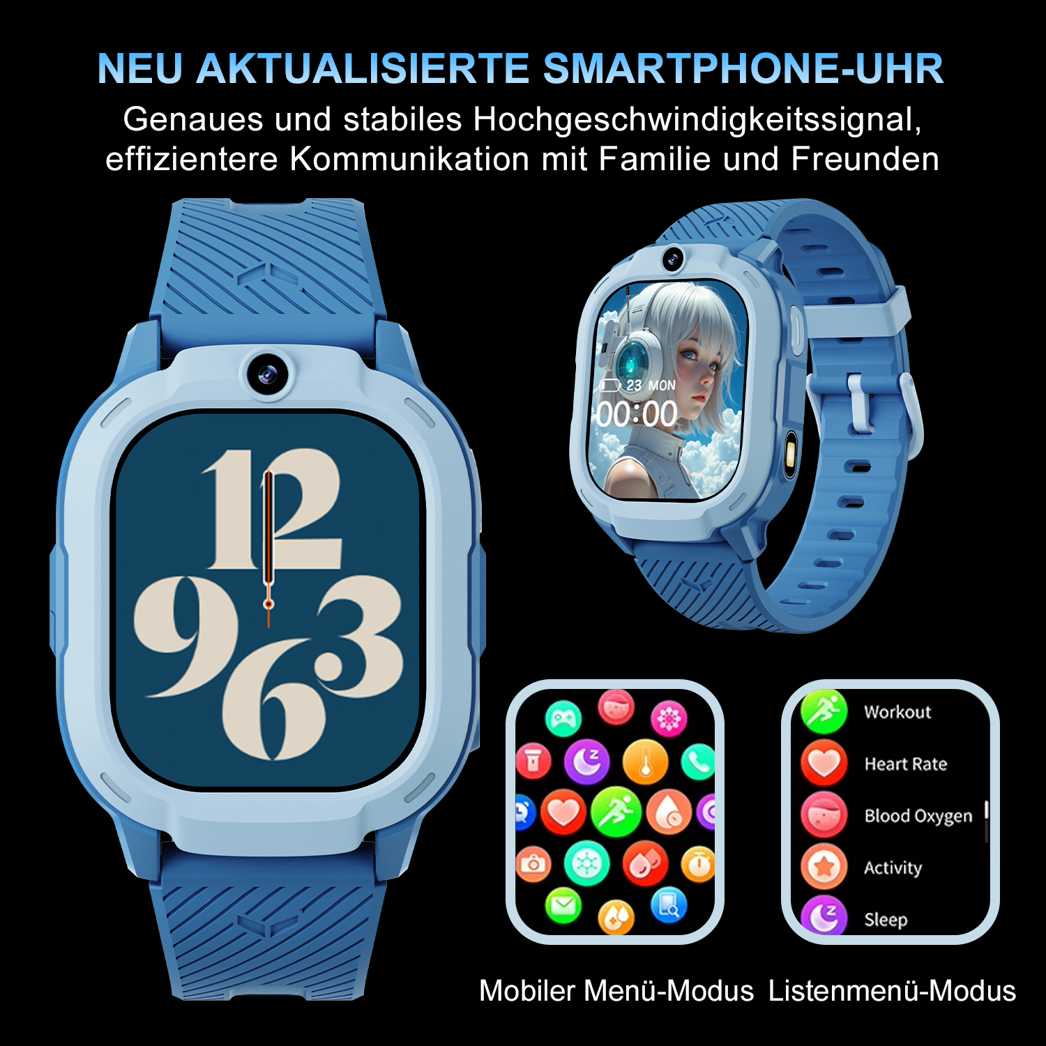 Un reloj inteligente azul con un reloj digital y varios iconos. El reloj está sobre un fondo negro.
