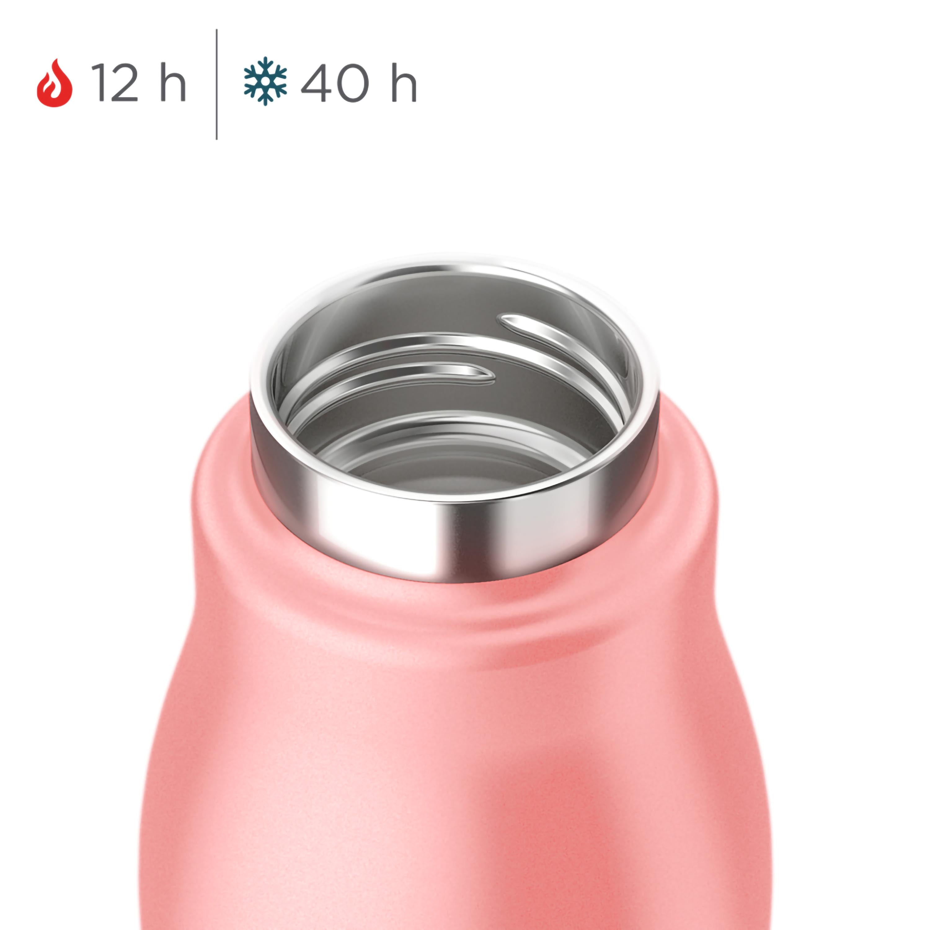 Nahaufnahme einer rosafarbenen Wasserflasche. Die Flasche ist rosa mit einem silbernen Rand.