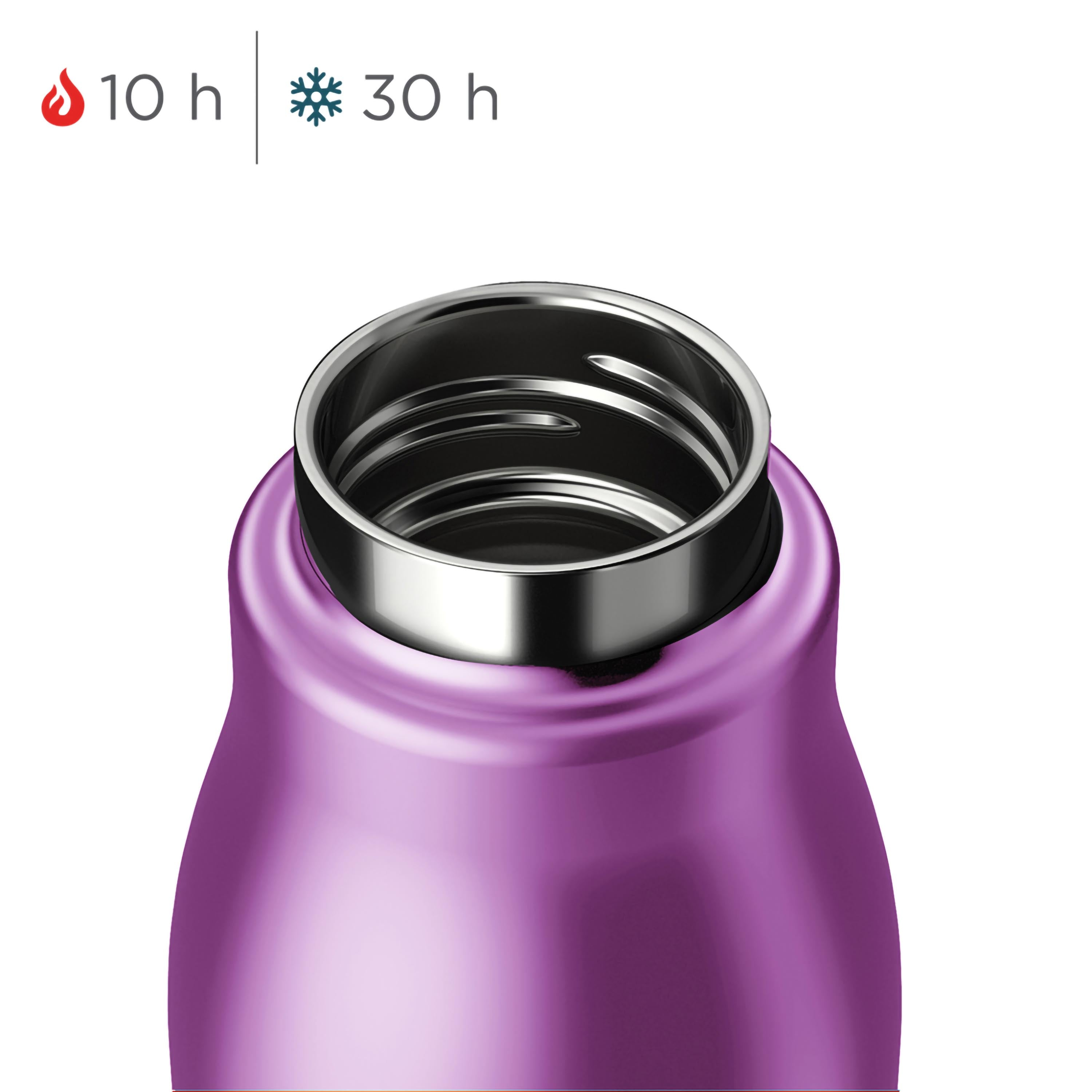 Nahaufnahme einer lila Wasserflaschenöffnung. Sie hat einen Metallrand und eine glänzende Oberfläche.