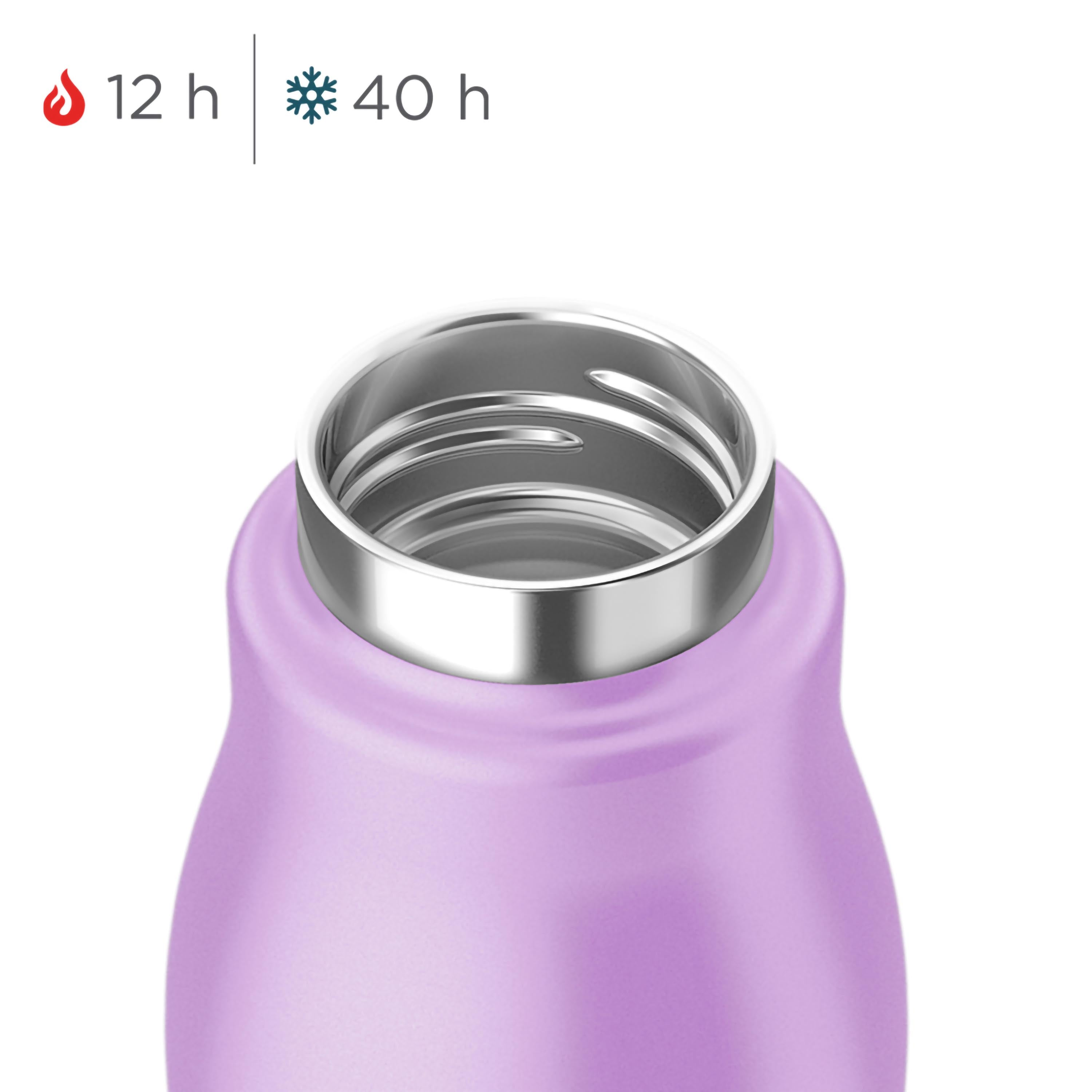 Nahaufnahme einer lila Wasserflaschenöffnung. Sie hat einen Metallrand und eine glänzende Oberfläche.
