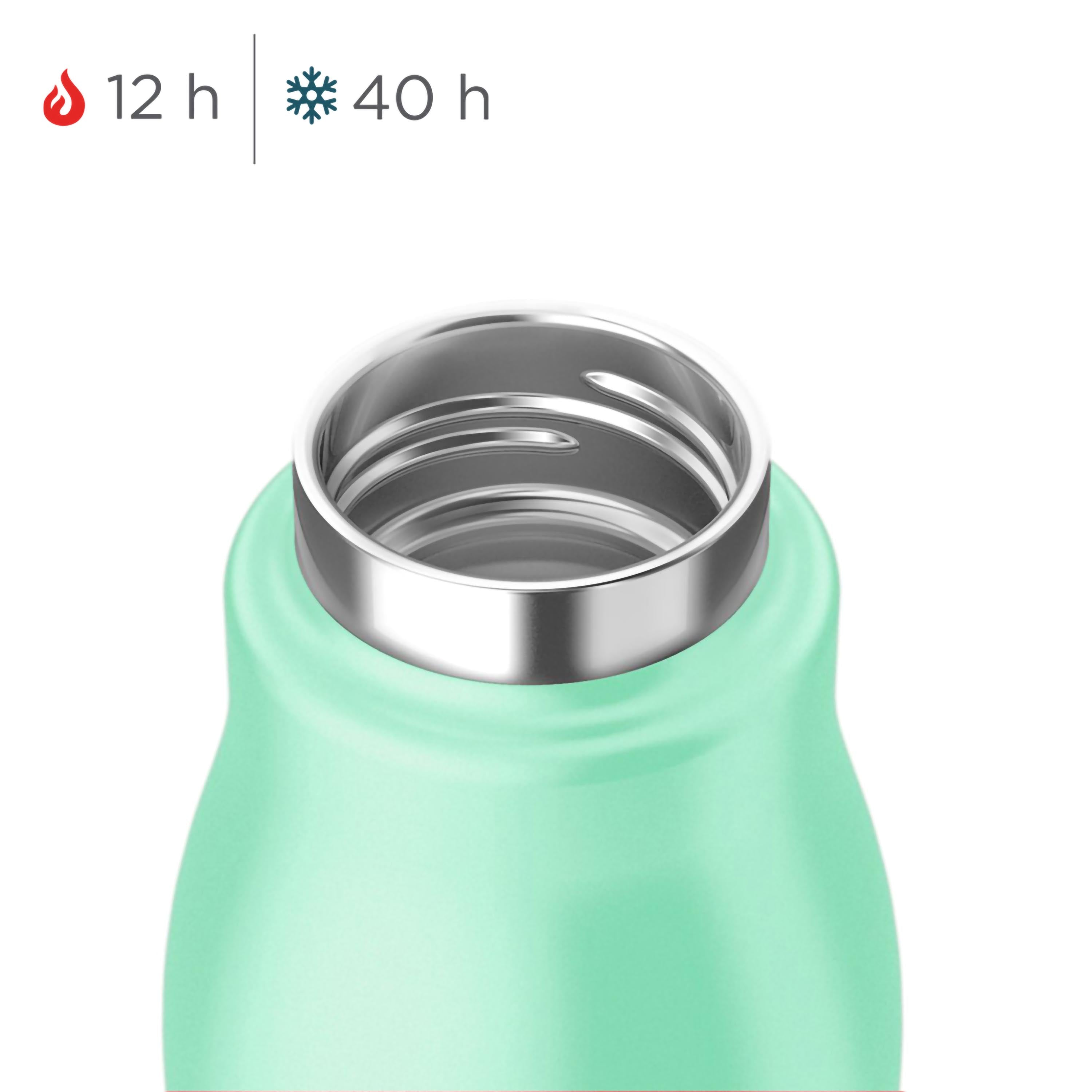 Nahaufnahme der Öffnung einer Wasserflasche. Die Flasche ist mintgrün mit silbernem Rand.