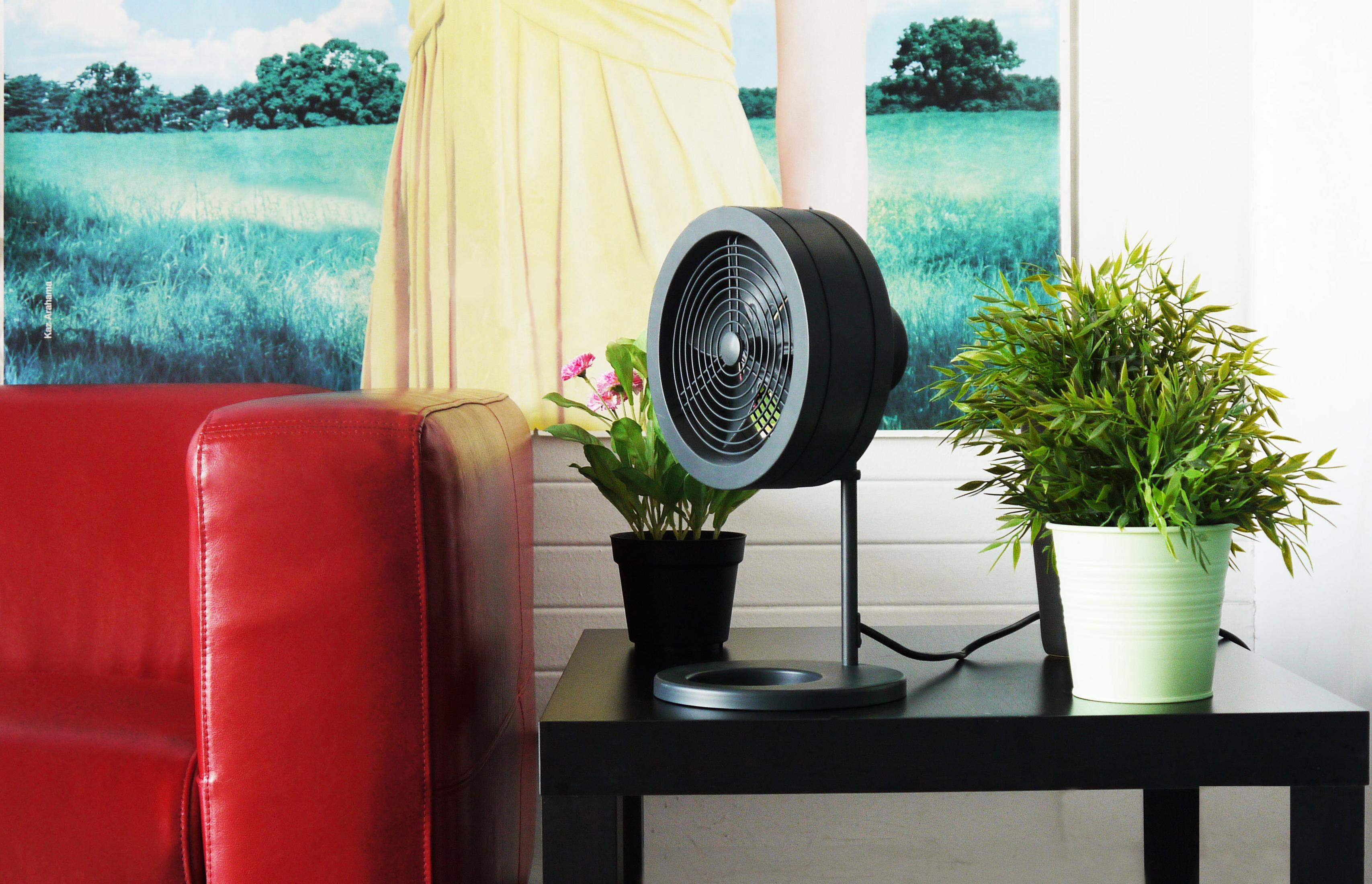 A black fan on a table with plants and red sofa. A window with a painting is in the background.