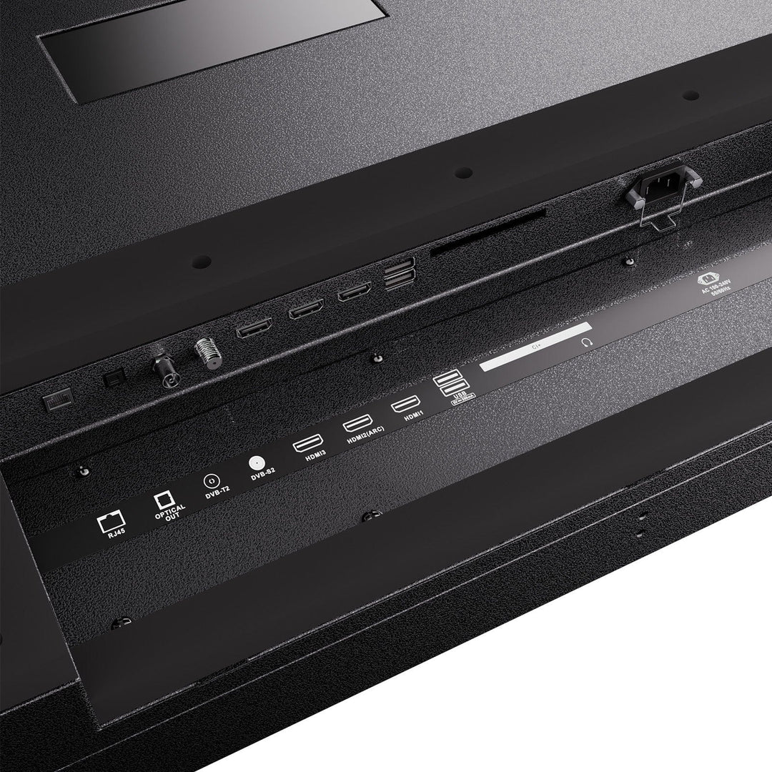 Nahaufnahme von TV-Anschlüssen: HDMI, DVB, RJ45 und mehr. Schwarzer Hintergrund mit verschiedenen Anschlüssen.