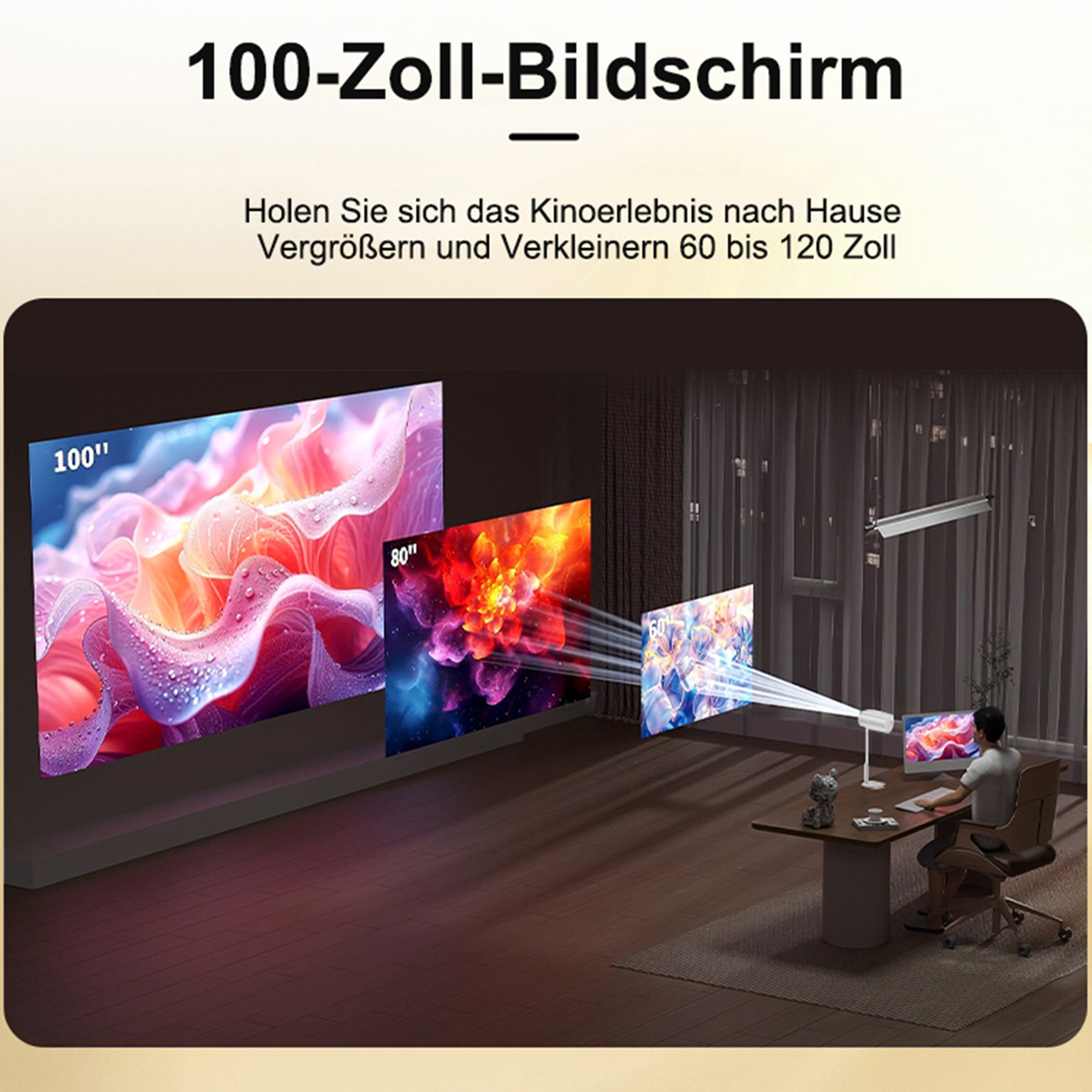 Projezierte Bilder auf der Leinwand. Eine Person am Schreibtisch schaut zu, mit Bildern von Blumen und Kunst.