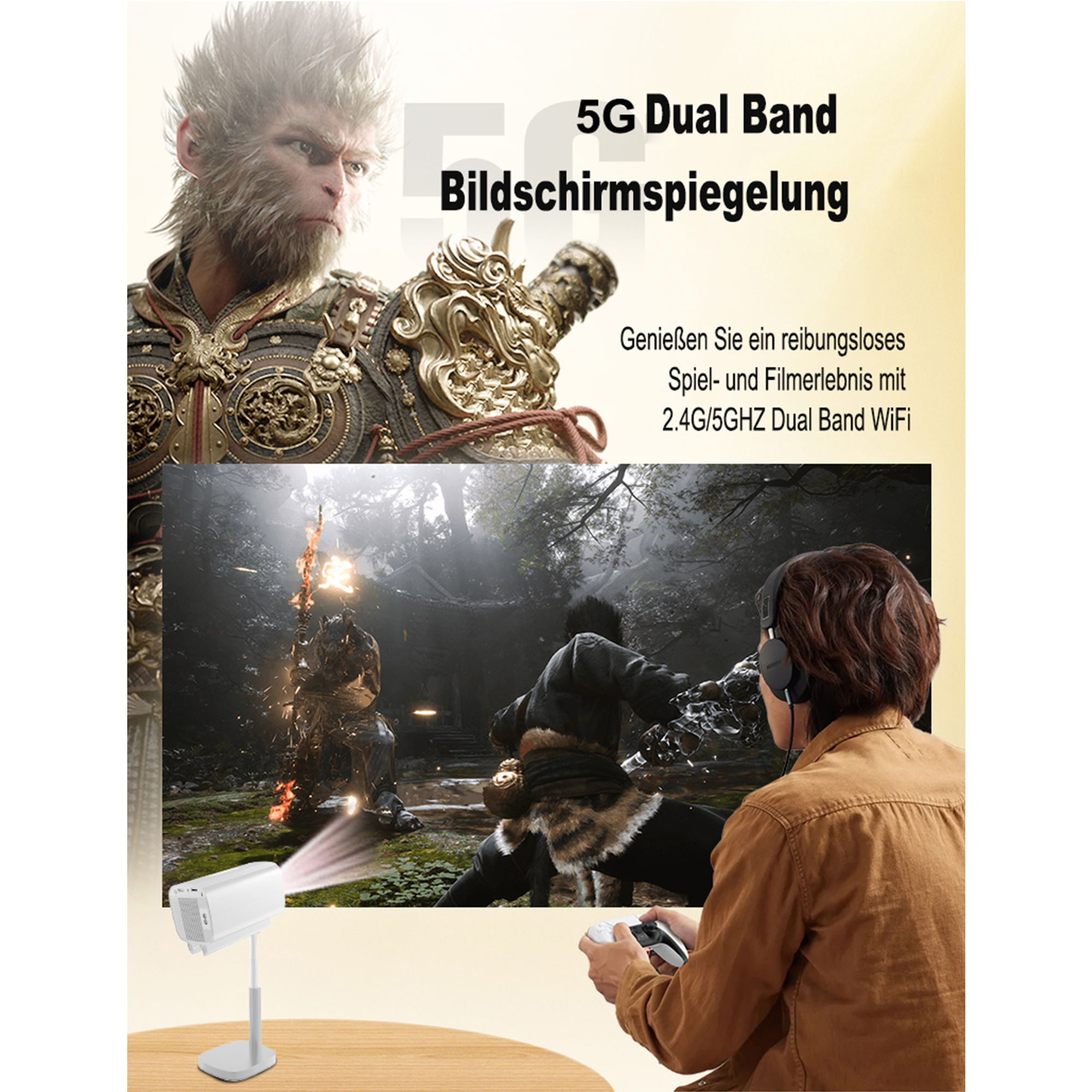 Eine Person mit Kopfhörern spielt ein Videospiel, das sich an der Wand spiegelt. Ein affenähnlicher Charakter ist da.