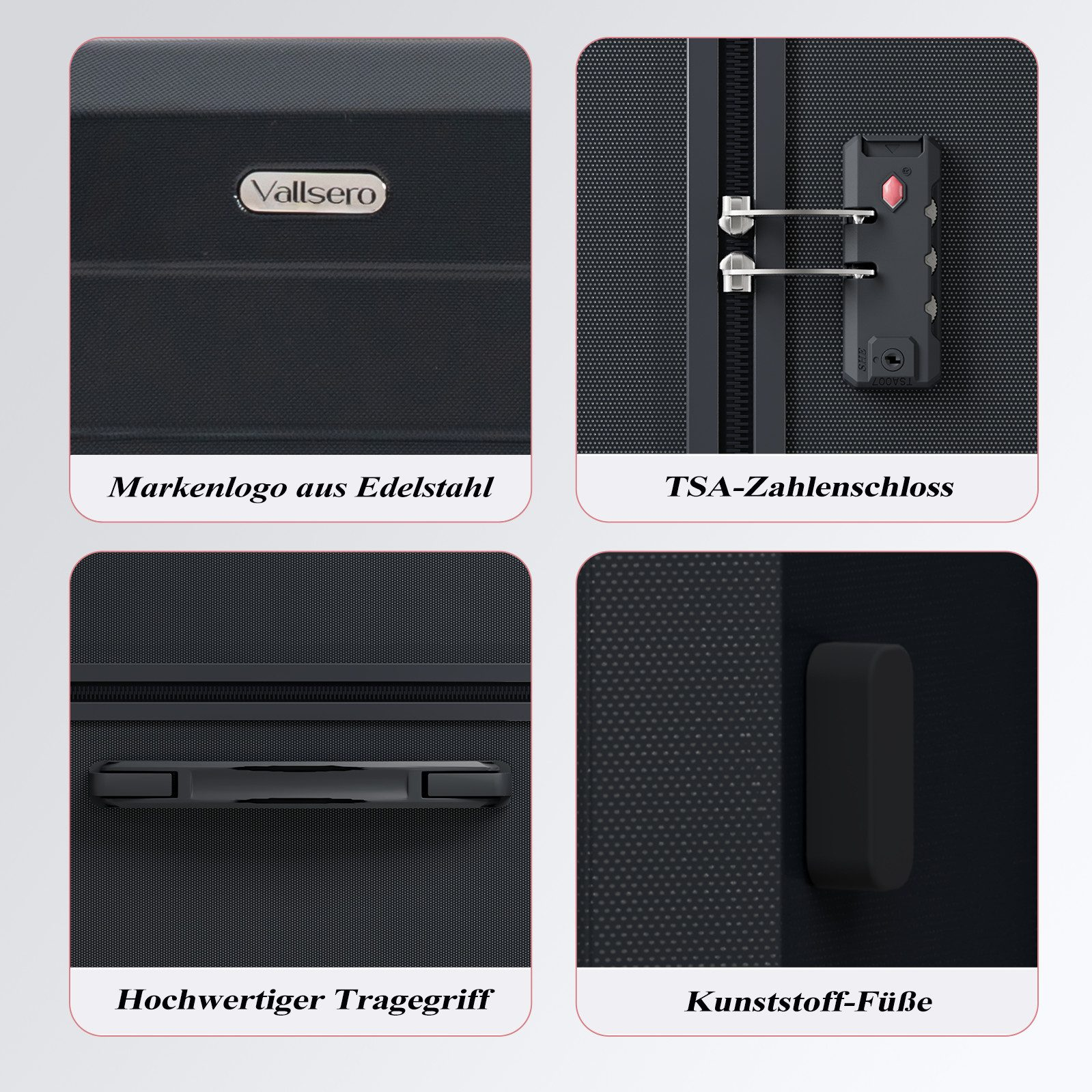 Nahaufnahmen von Details eines schwarzen Koffers: Logo, TSA-Schloss, Griff und Füße. Auf strukturiertem Hintergrund.