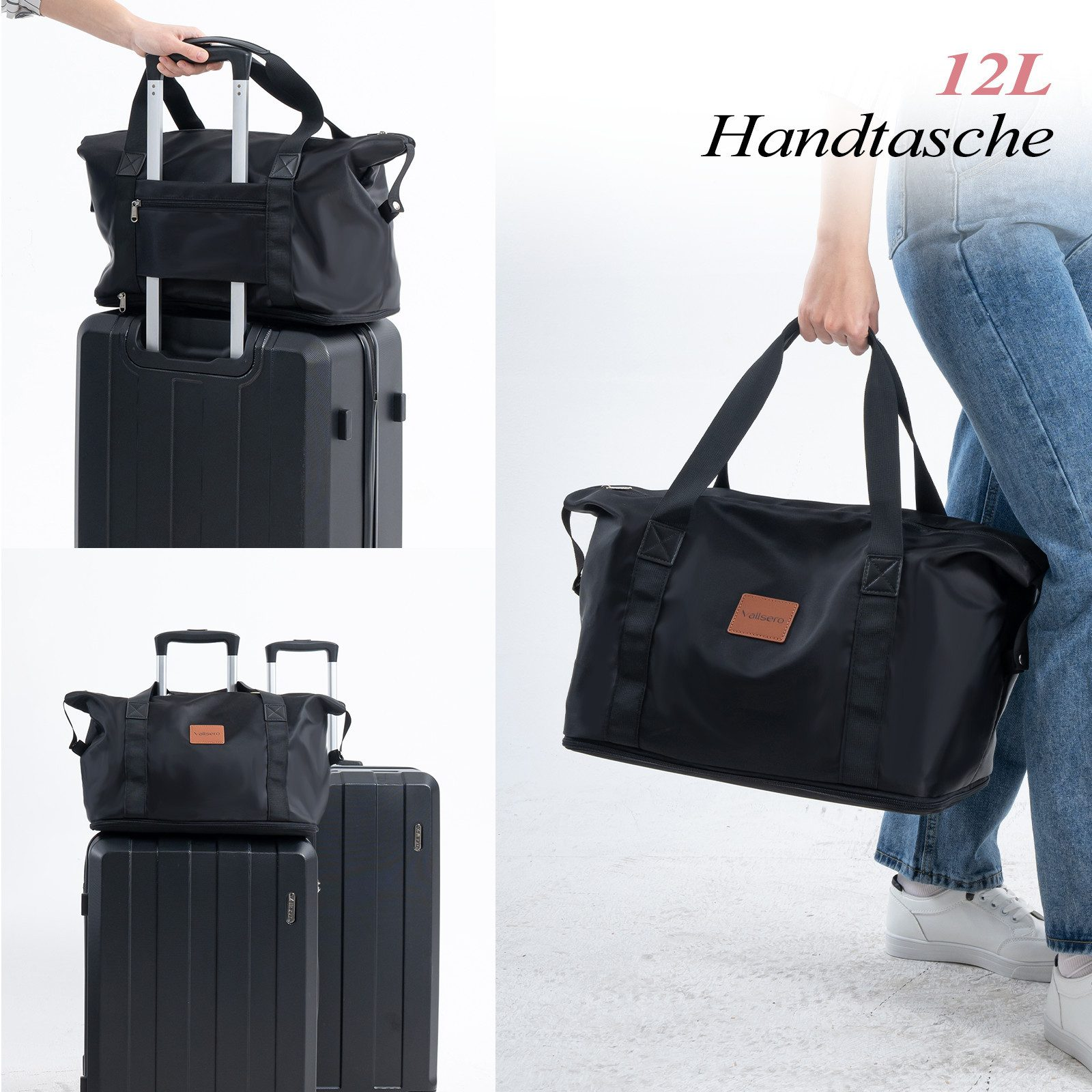 Mehrere Bilder zeigen schwarzes Gepäck mit einer schwarzen Handtasche. Frau hält eine Tasche und Koffer.
