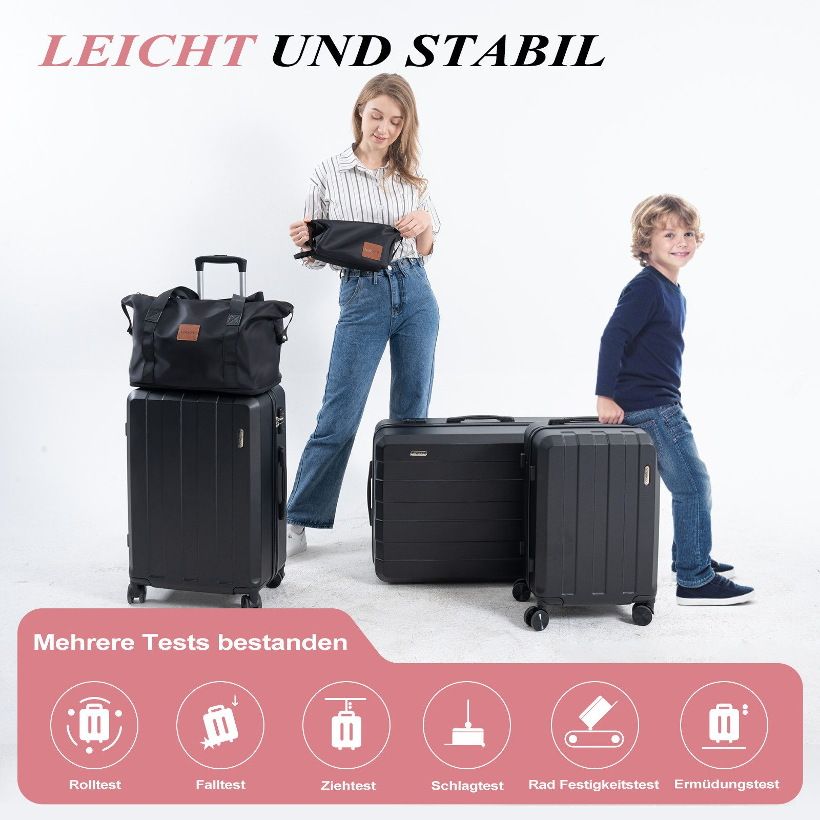 Frau und Kind mit schwarzem Gepäck. Verschiedene Testsymbole: Rollen, Fallen, Ziehen, Aufprall, Radfestigkeit, Ermüdung.