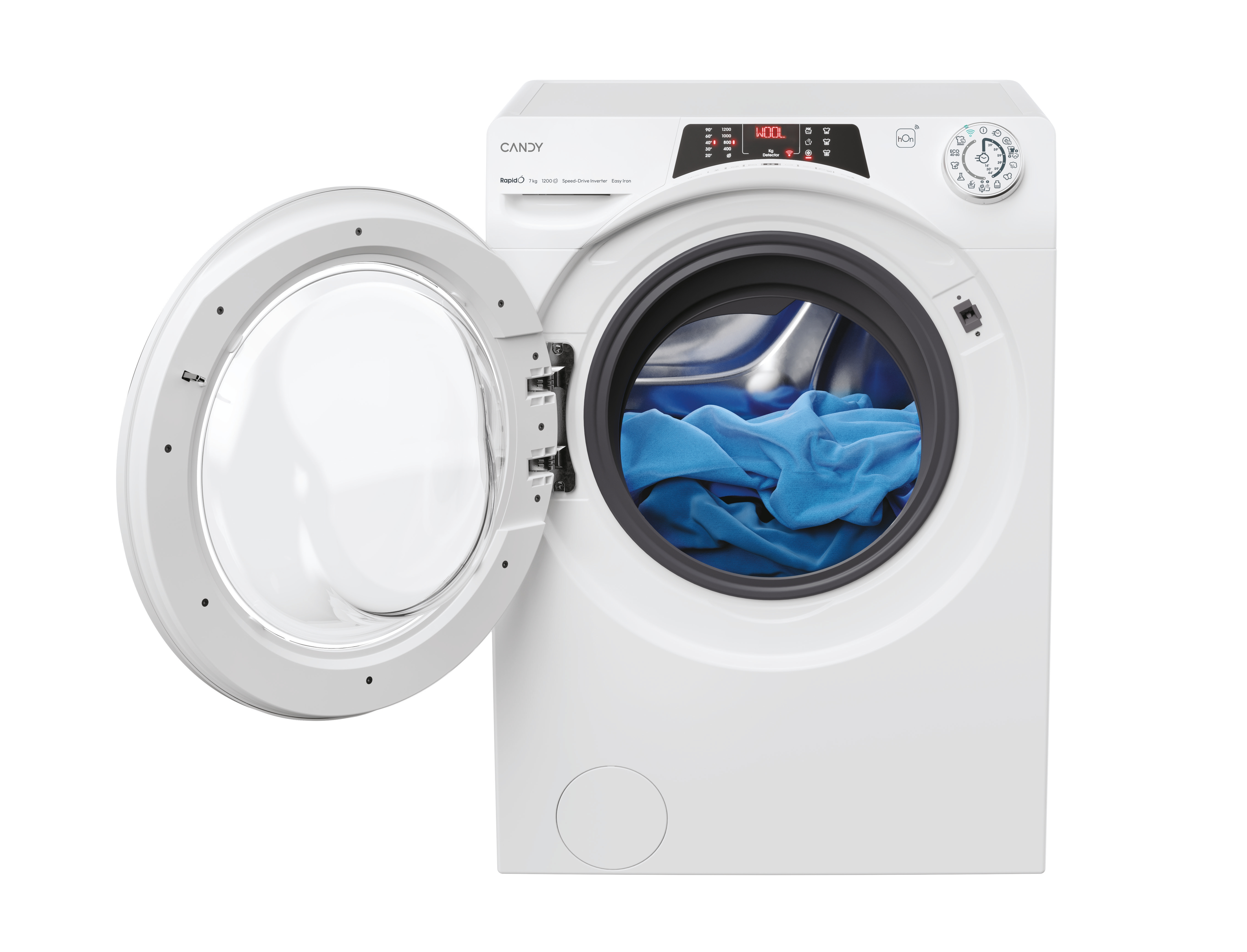 Zbliżenie na szufladę na detergent w białej pralce Candy, częściowo otwartą, aby pokazać niebieski separator detergentu.