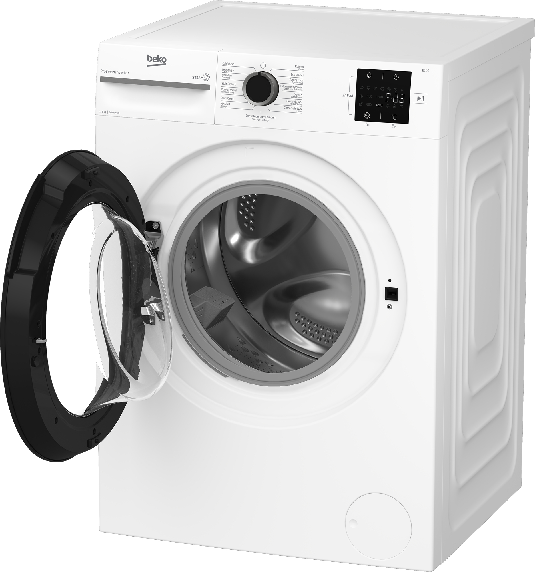 Una lavatrice con la porta aperta, corpo bianco e porta nera e trasparente, che mostra l'interno.