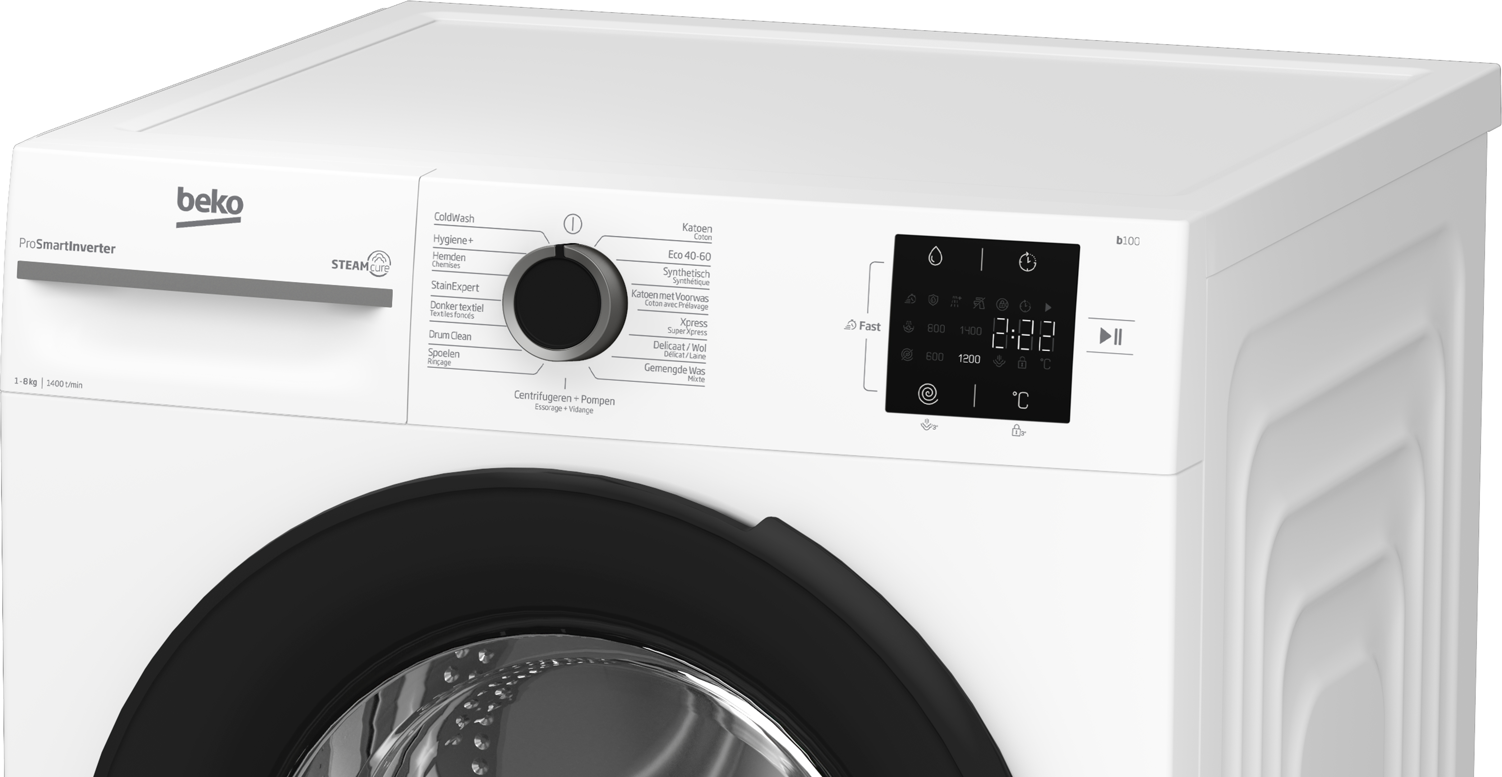 Pannello di controllo di una lavatrice Beko ProSmart bianca.