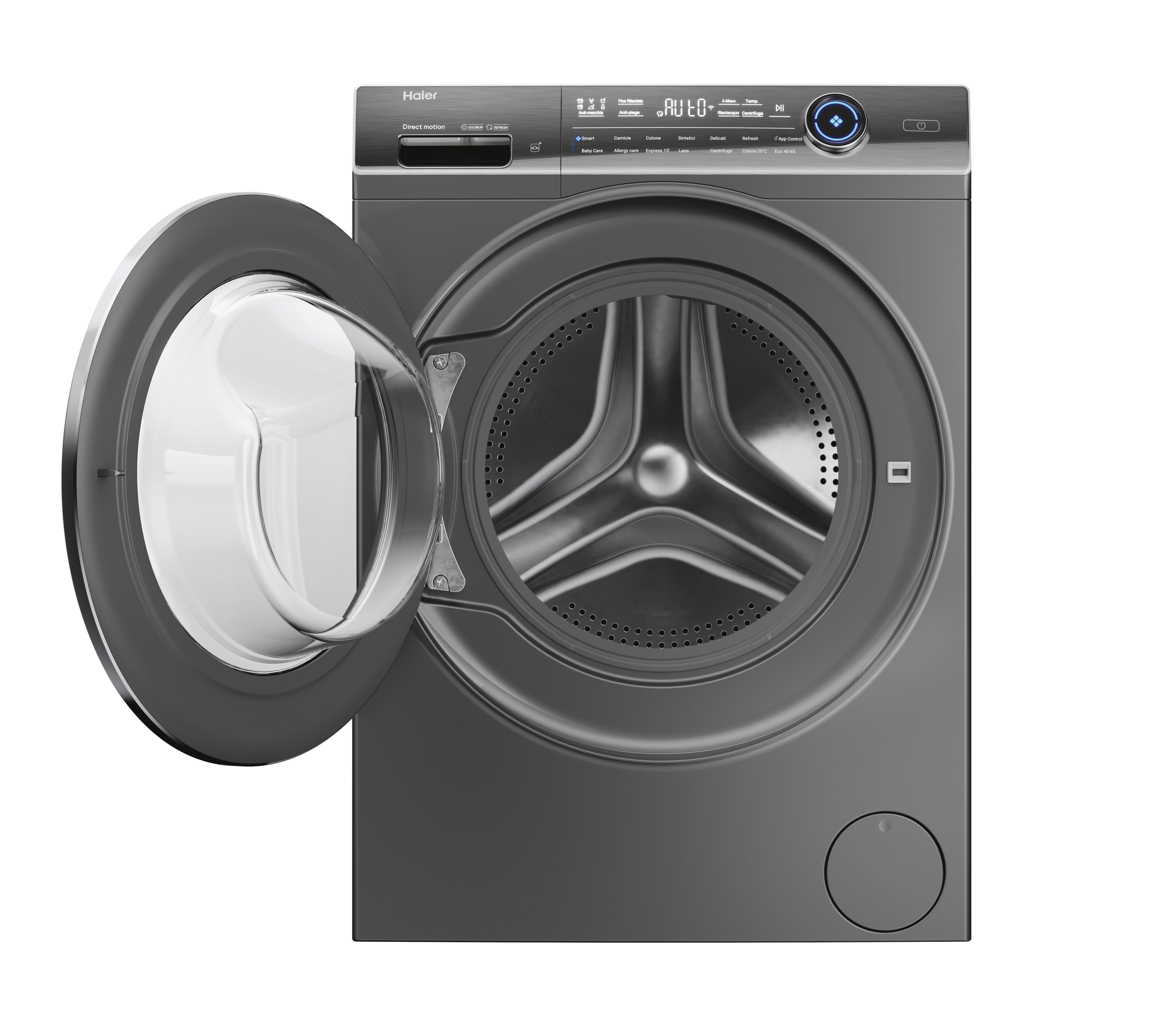 Lavatrice Haier grigio scuro con oblò aperto che mostra il cestello.