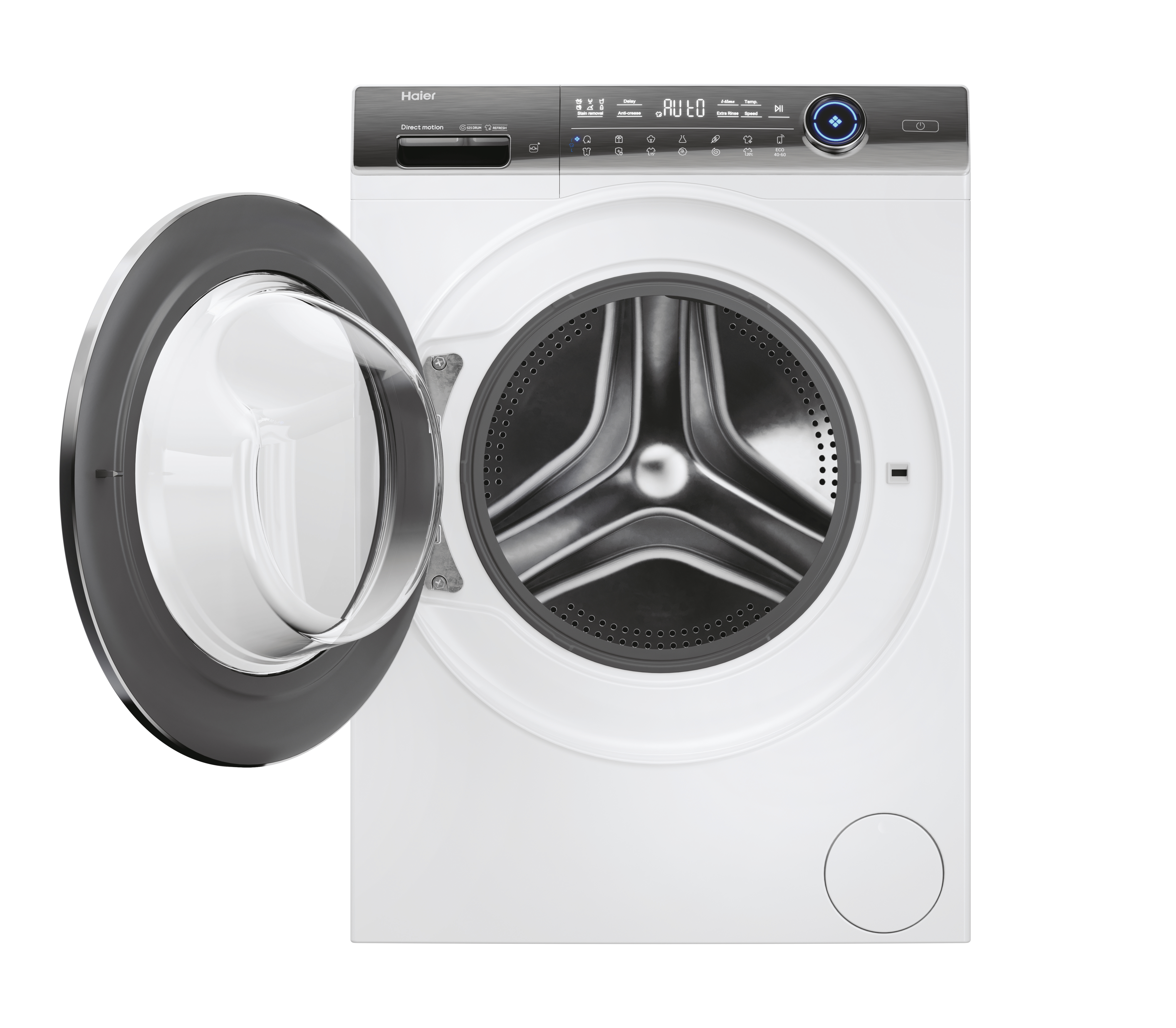 Biała pralka Haier z otwartymi drzwiami. Widoczny bęben ze stali nierdzewnej. Nowoczesny design, czysto.