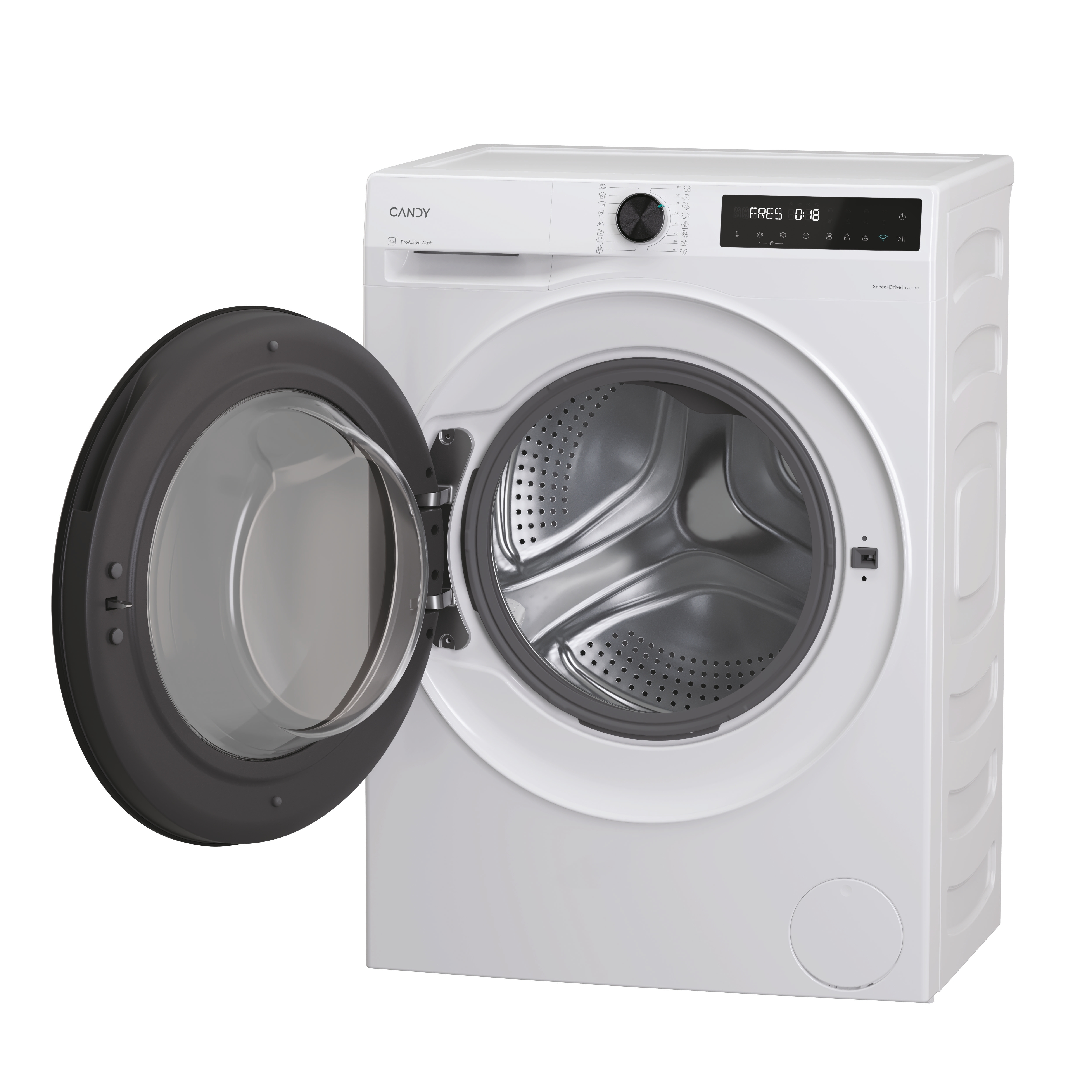 Una lavadora blanca con la puerta abierta, mostrando el tambor en el interior.