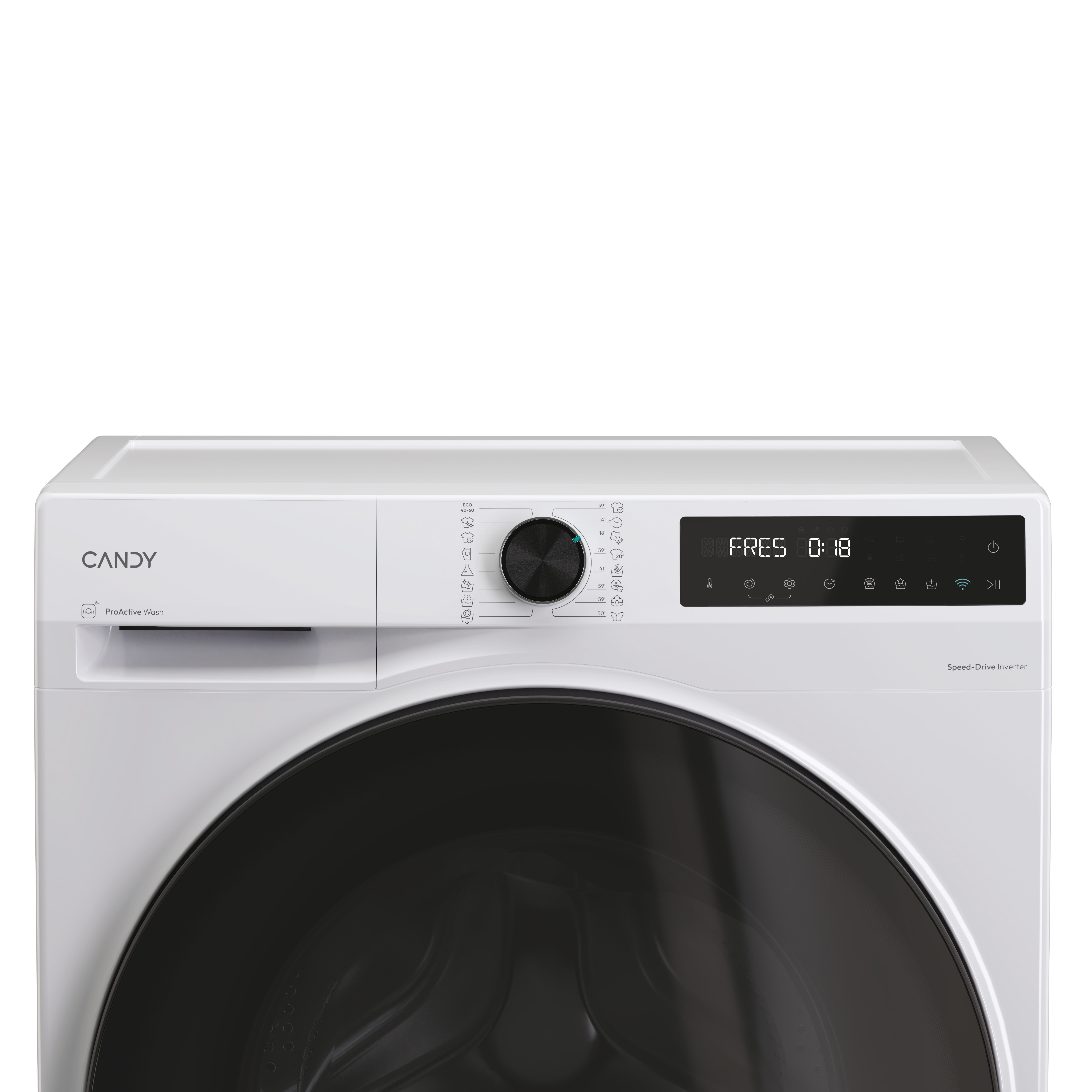 Lavadora CANDY blanca con panel de control, pantalla digital y dial.