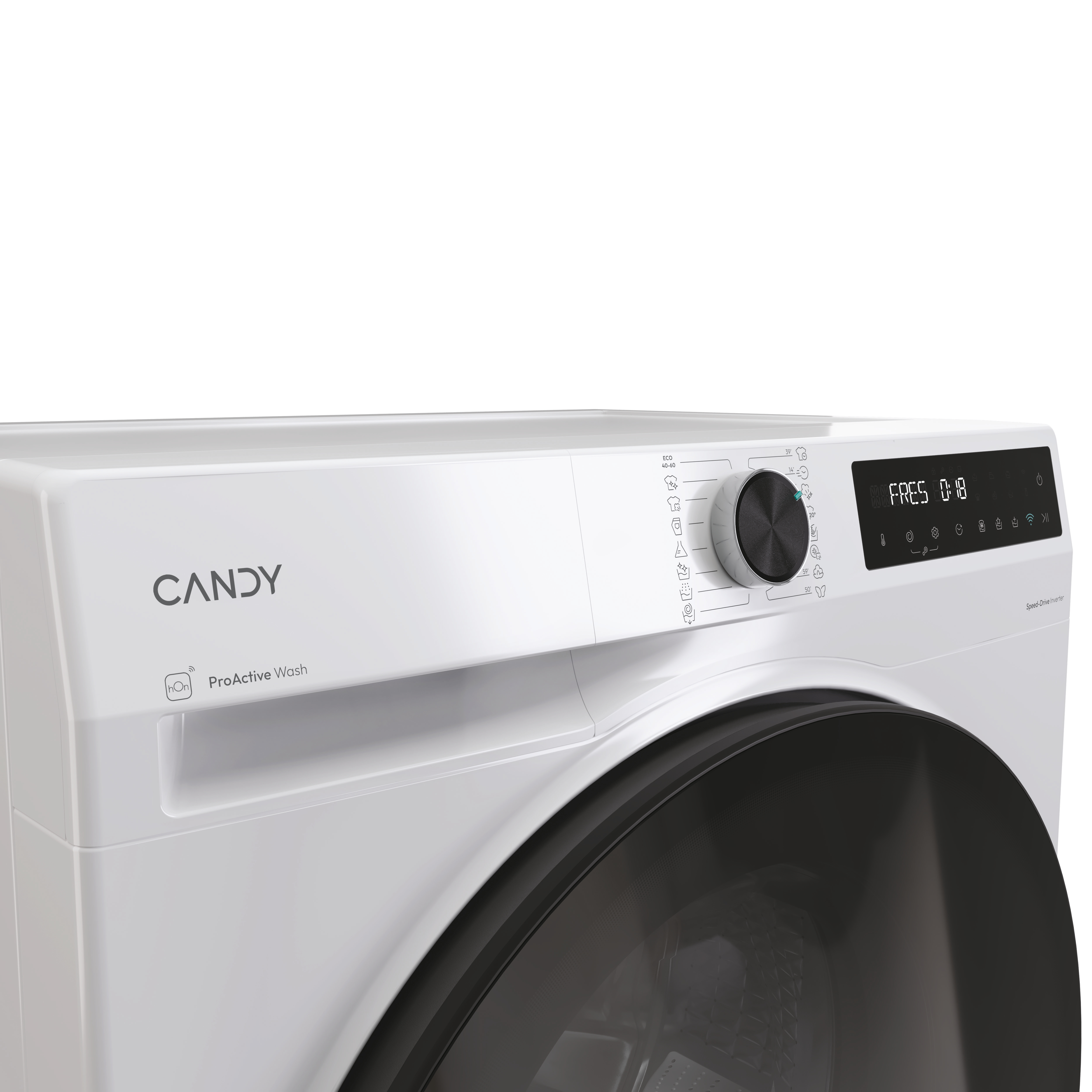 Primer plano de una lavadora Candy blanca con un panel de control negro.
