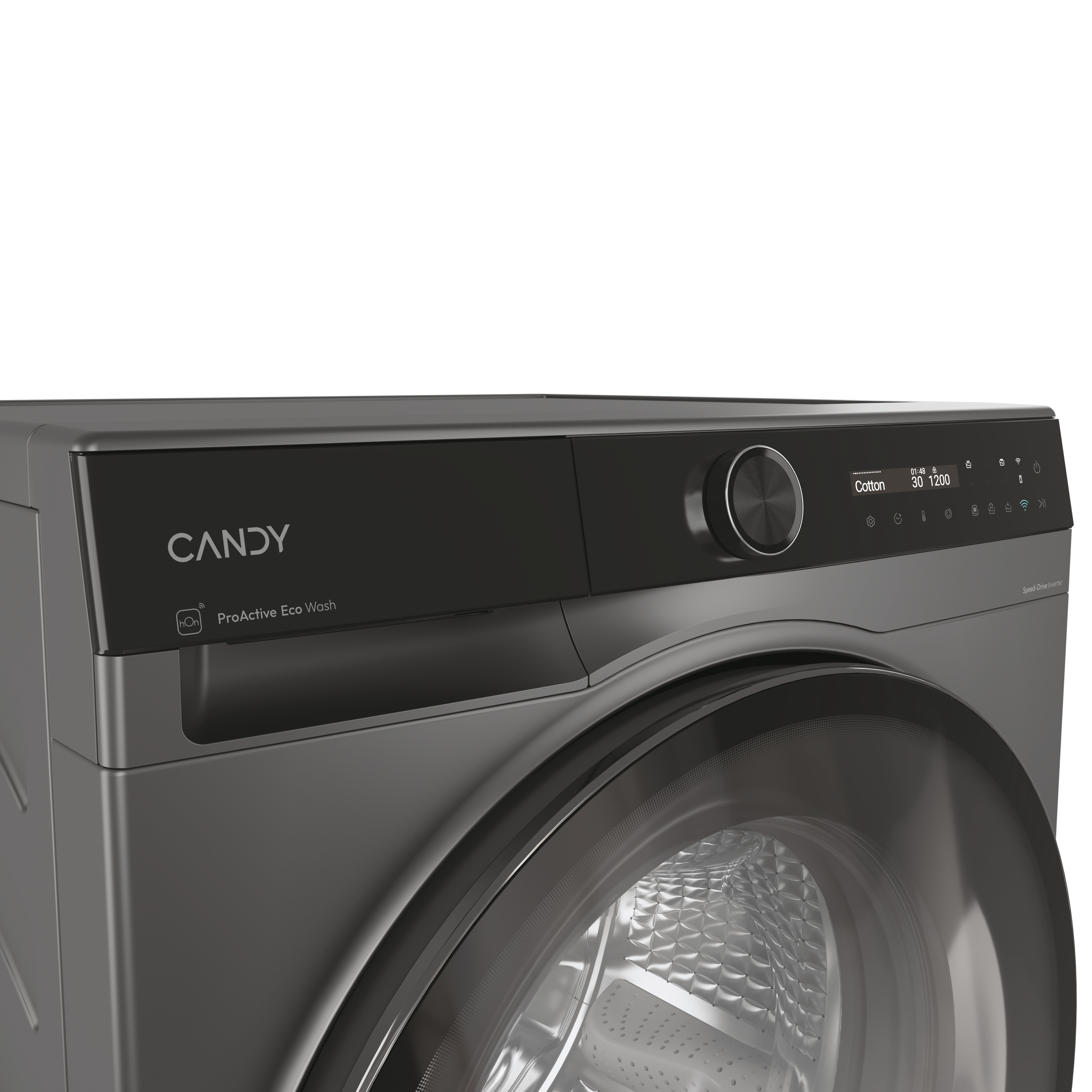 Primo piano del pannello di una lavatrice con display, manopola e logo CANDY ProActive Eco Wash.