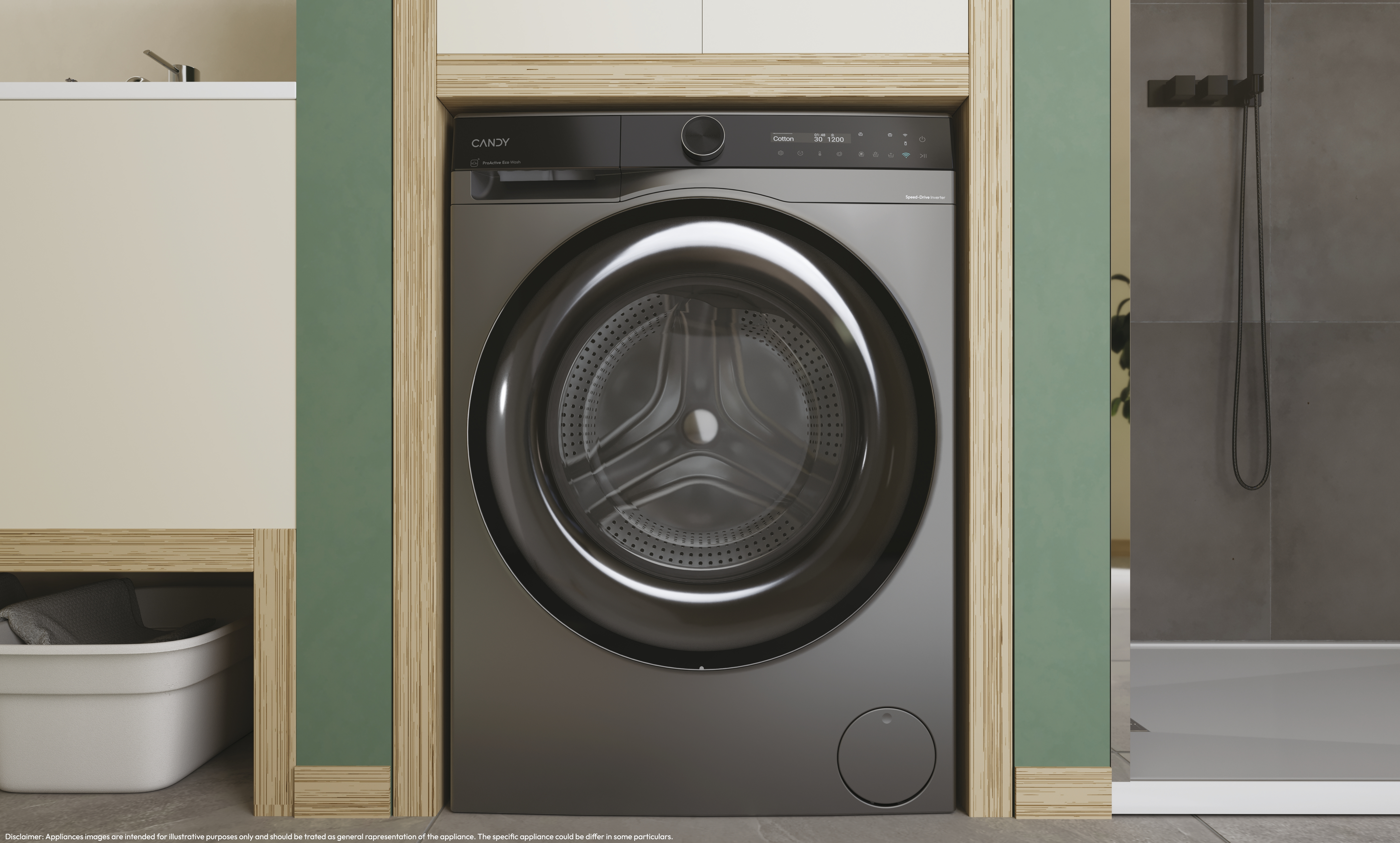 Una lavatrice grigio scuro installata in una stanza, con un telaio della porta verde chiaro.