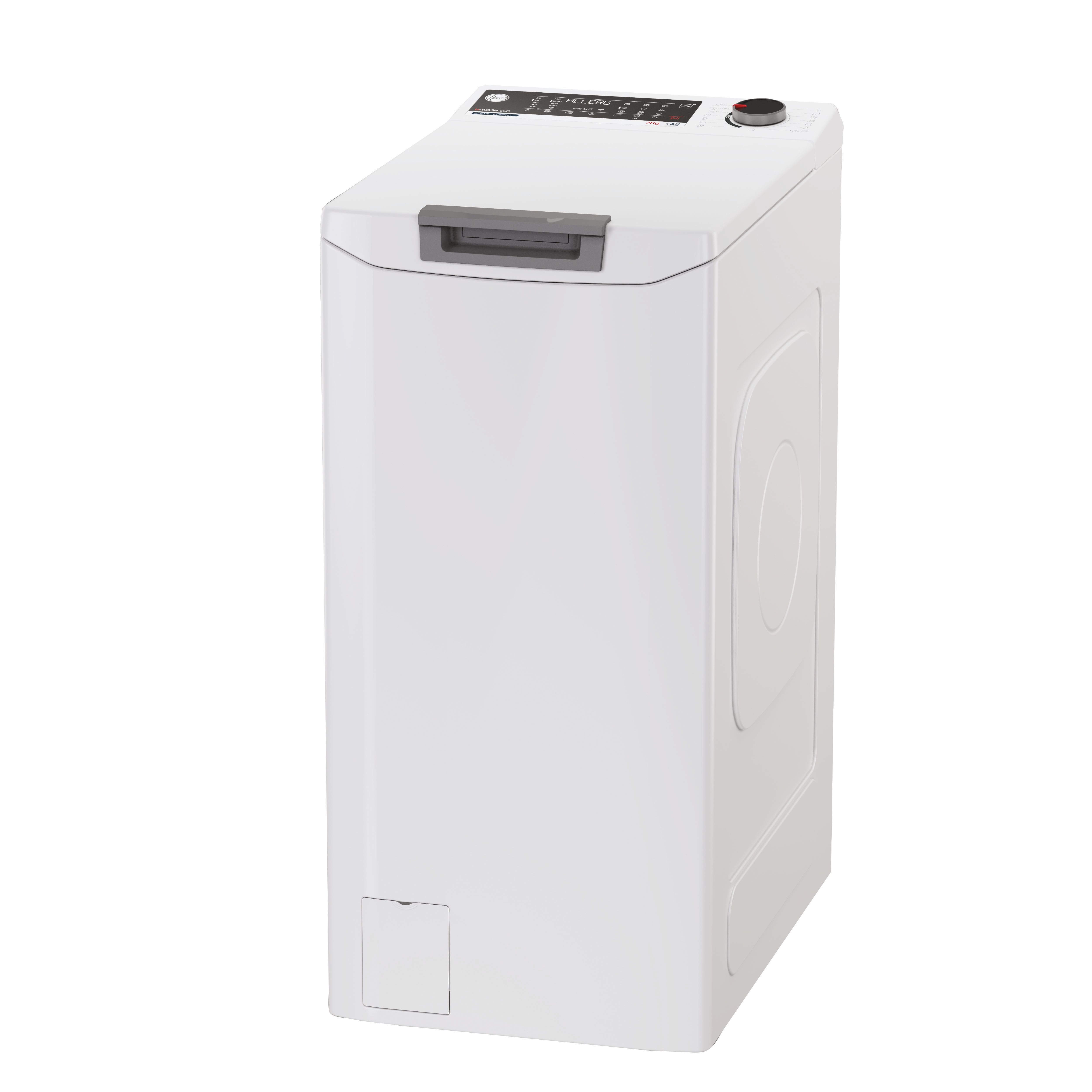 Biała pralka, widok pod kątem. Posiada panel sterowania, drzwi i szufladę na detergent. Białe tło.