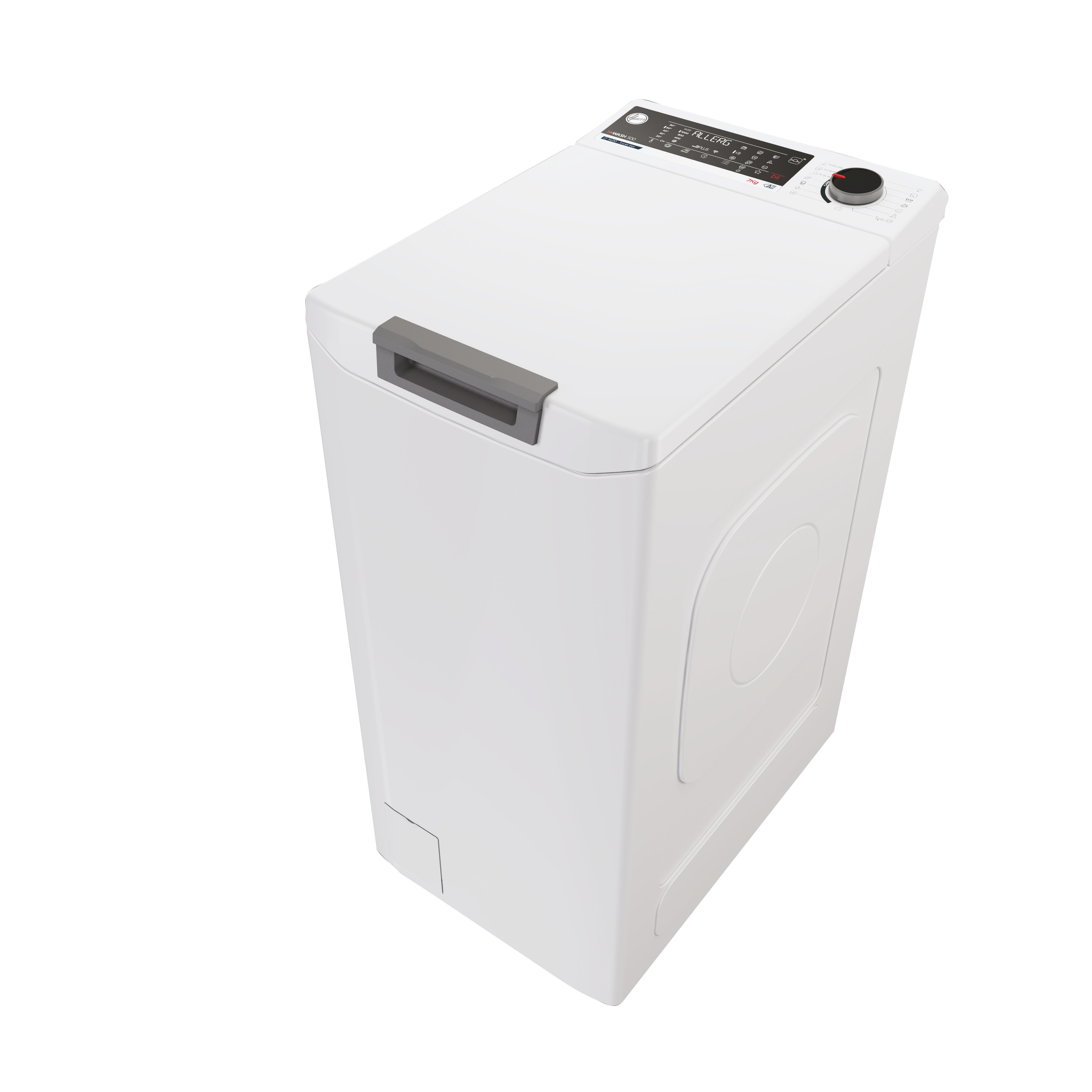 Biała pralka, widok z góry pod kątem. Posiada panel sterowania, szufladę na detergent i drzwi. Białe tło.
