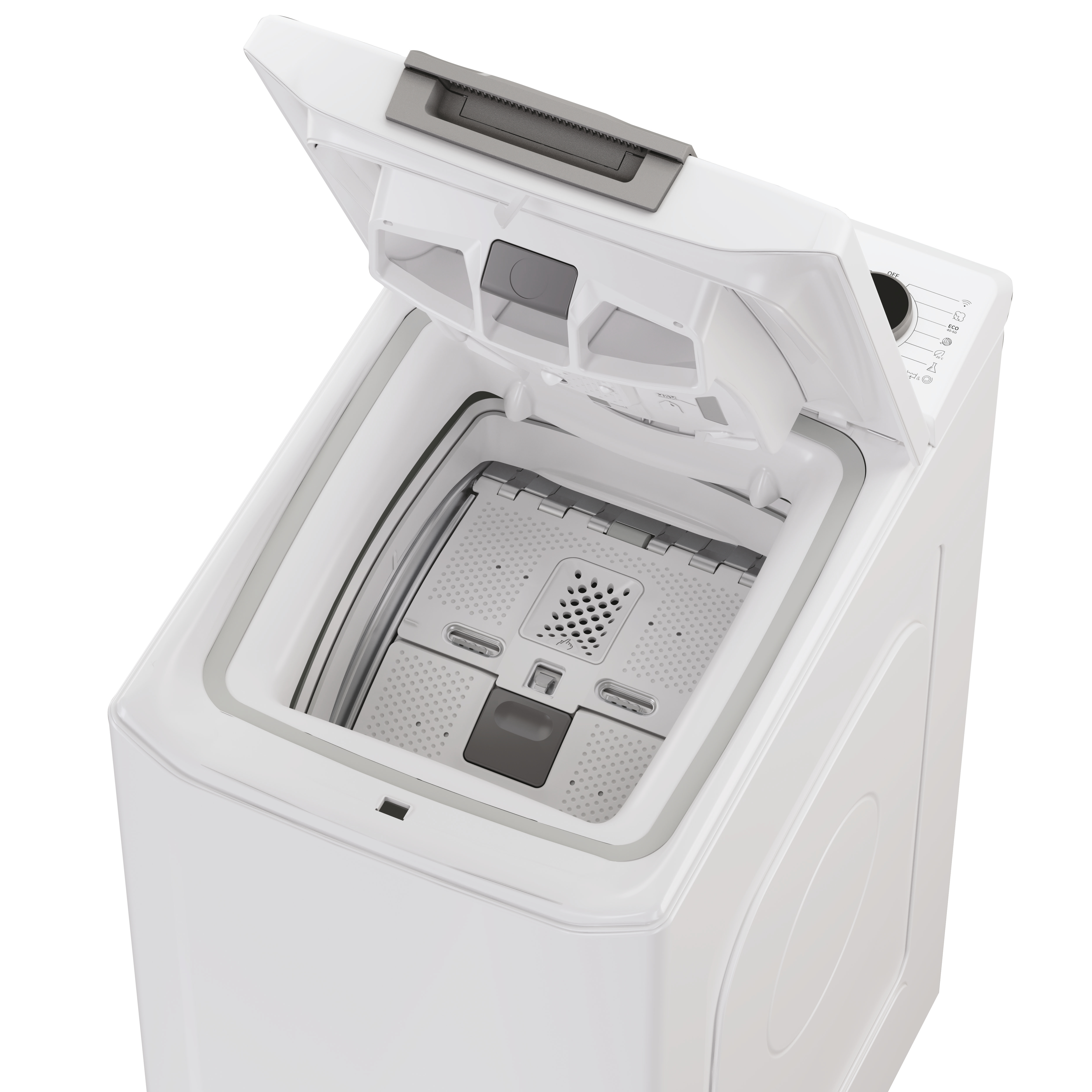 Biała pralka z otwartą górą. Wnętrze z szarymi elementami.