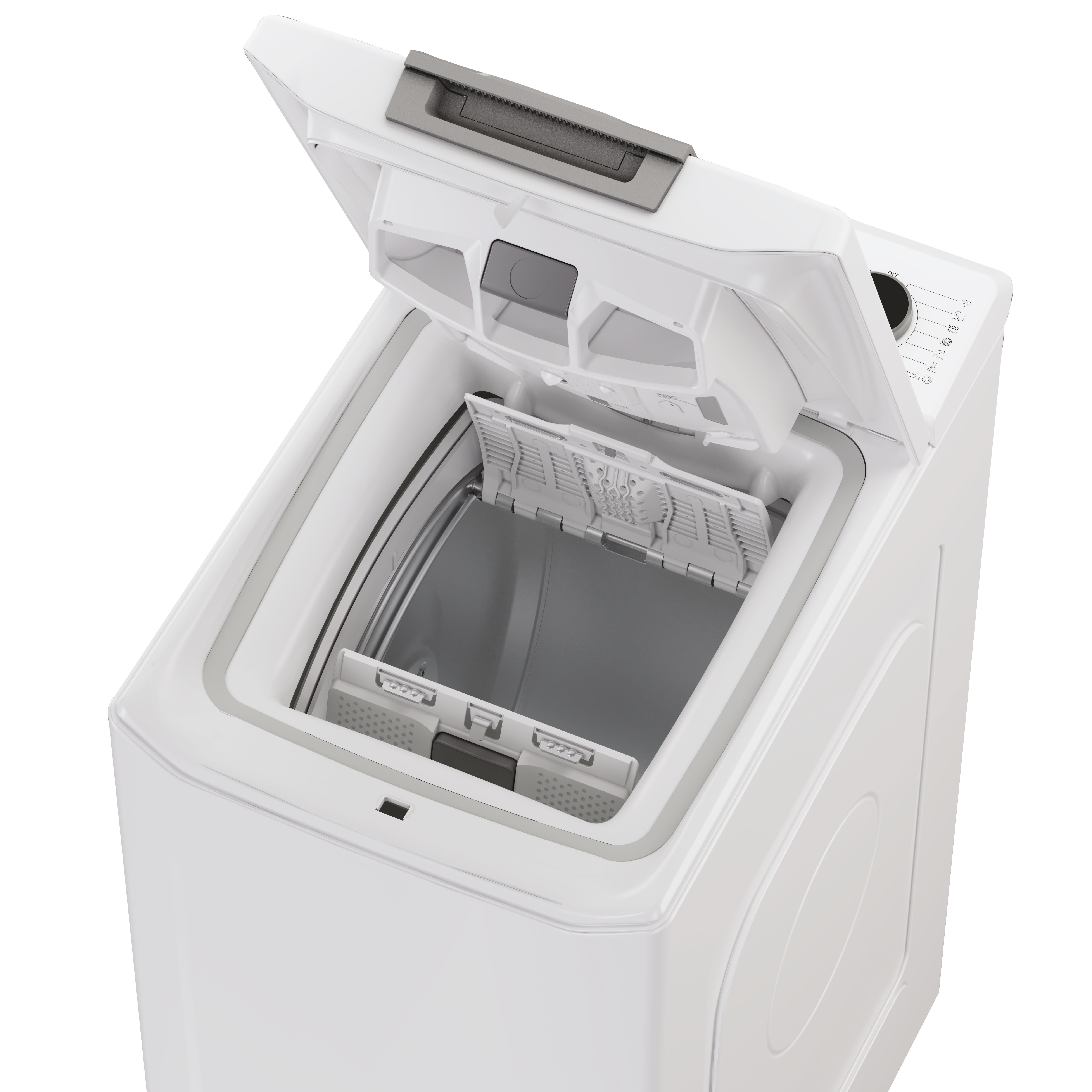 Biała pralka z otwartą pokrywą. Wnętrze widoczne z szarymi elementami.