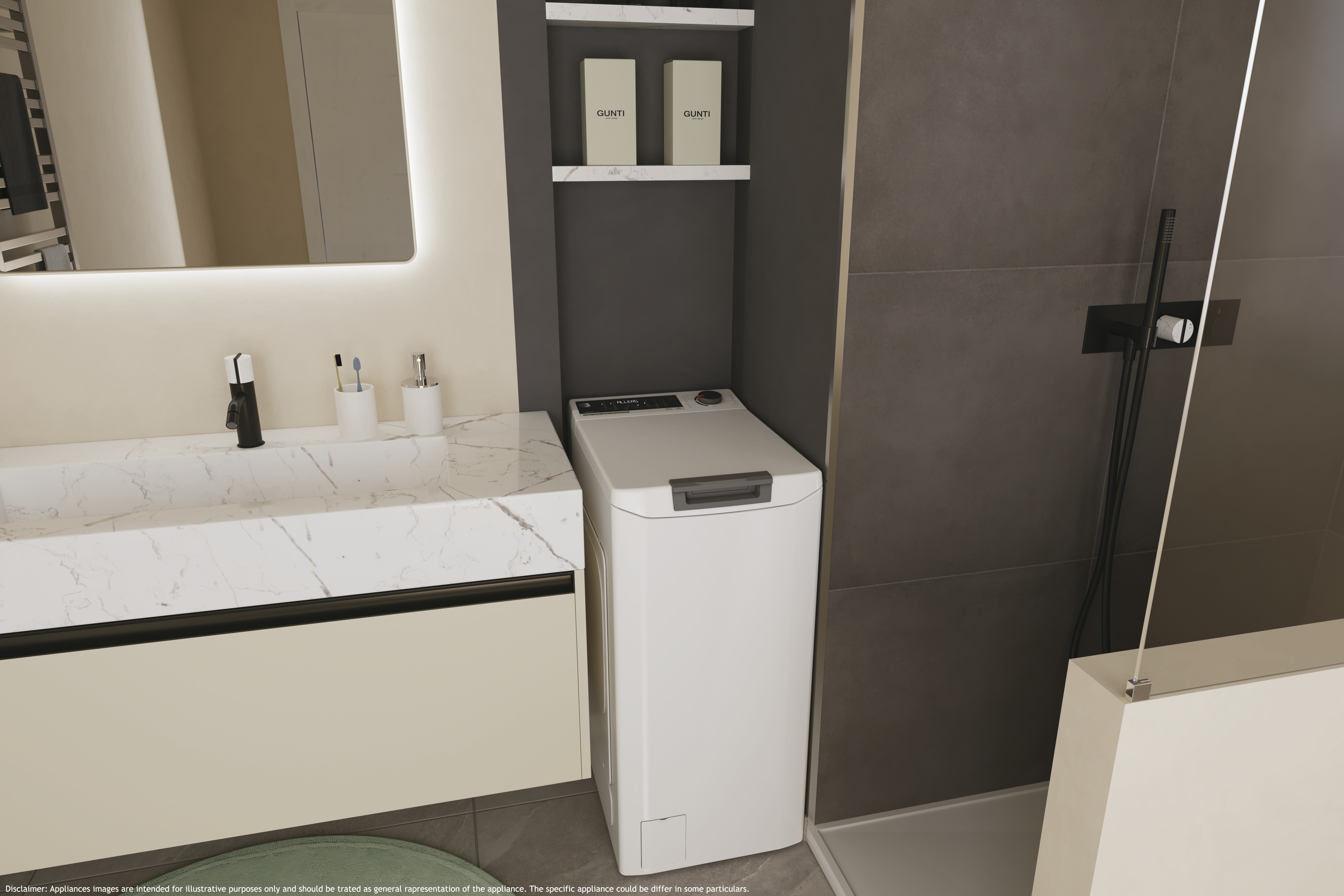 Biała pralka w łazience. Otwarta pokrywa, obok umywalki i lustra.