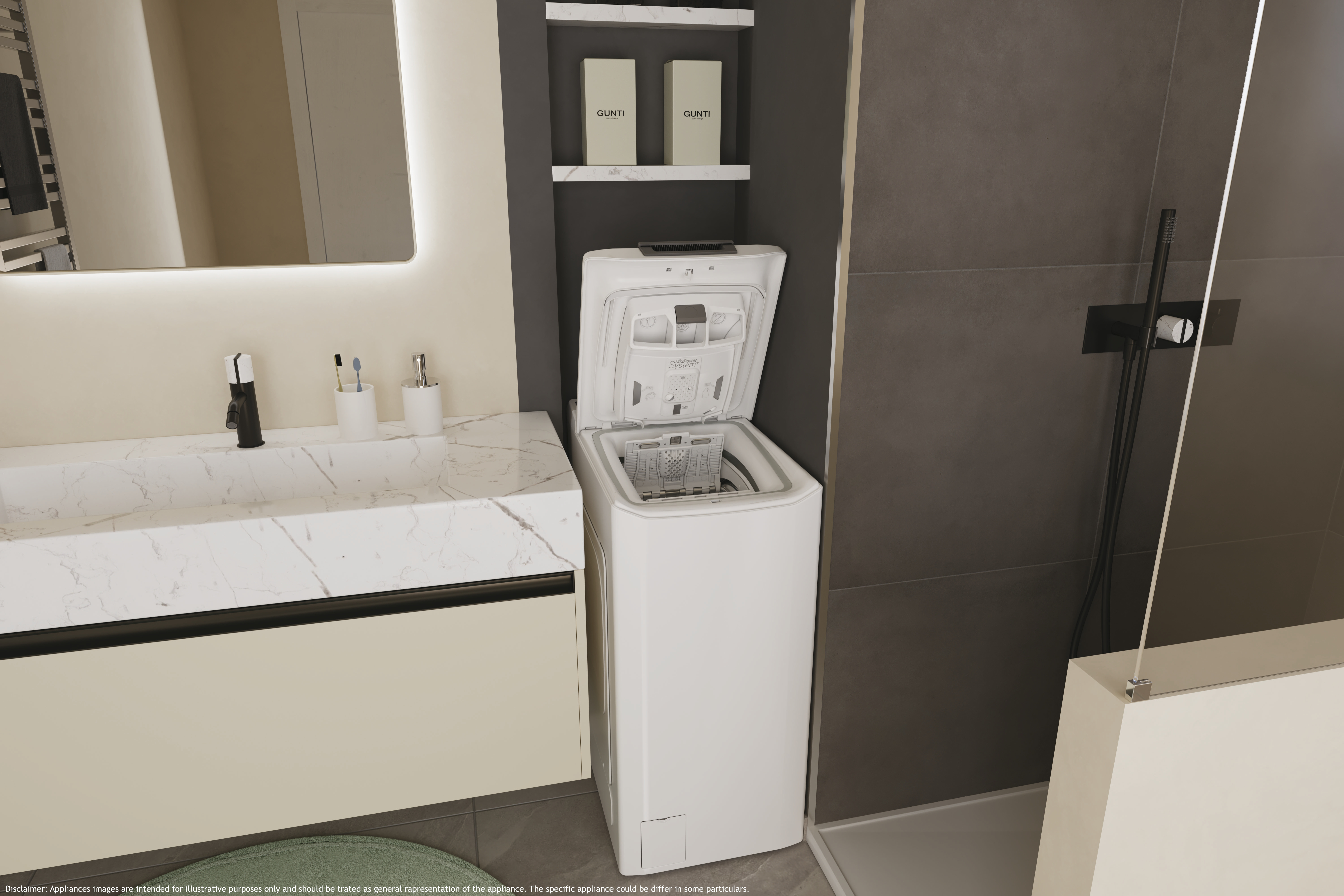 Pralka w łazience. Otwarta pokrywa, w pobliżu lustro i umywalka.